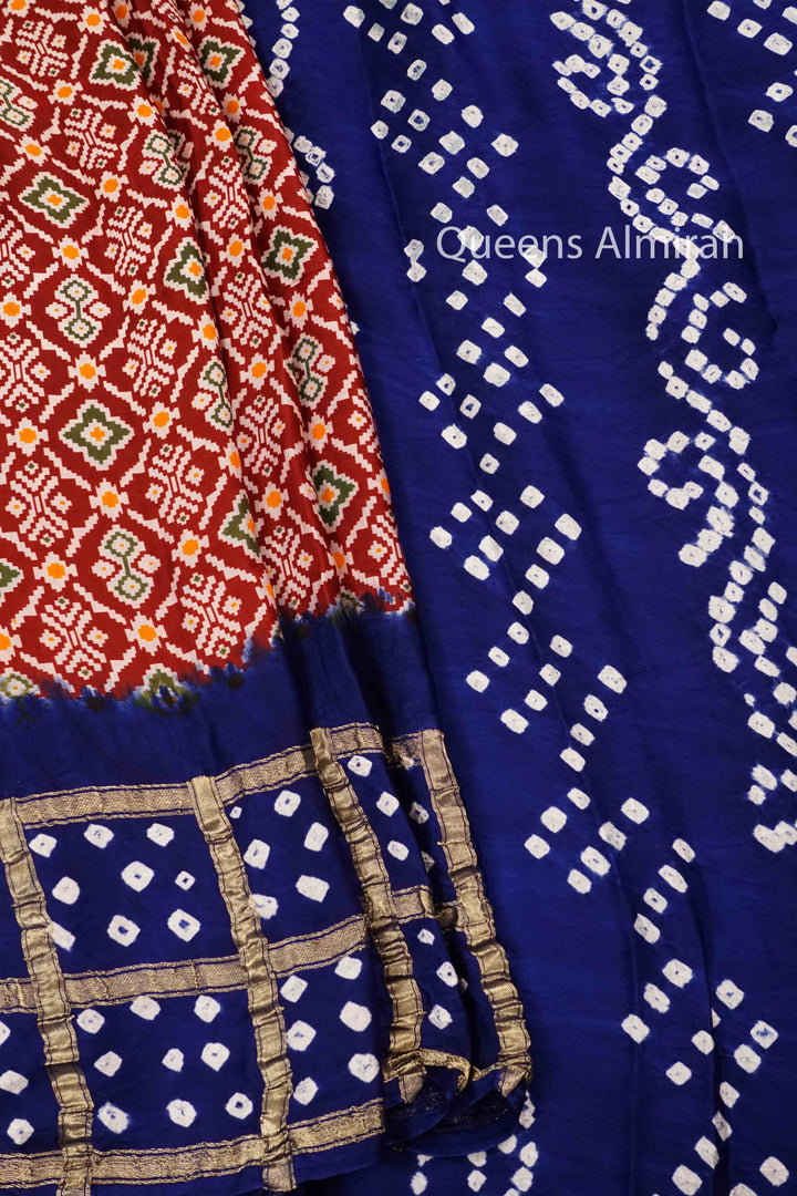 PERSIAN RED WITH ROYAL BLUE MODAL SILK SAREE - Queens Jewel Emporium