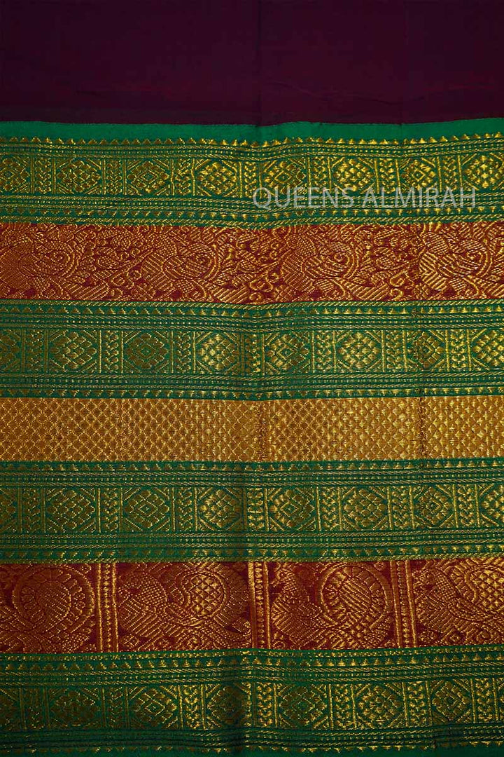 ROYAL BURGUNDY LONG MULTI COLOUR ZARI BORDER NARAYANPET COTTON SAREE - Queens Jewel Emporium