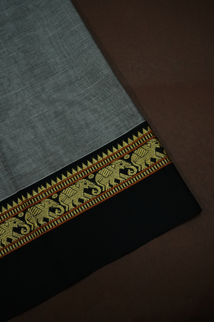GLACIER GREY WITH BLACK BORDER  NARAYANPET COTTON SAREE - Queens Jewel Emporium