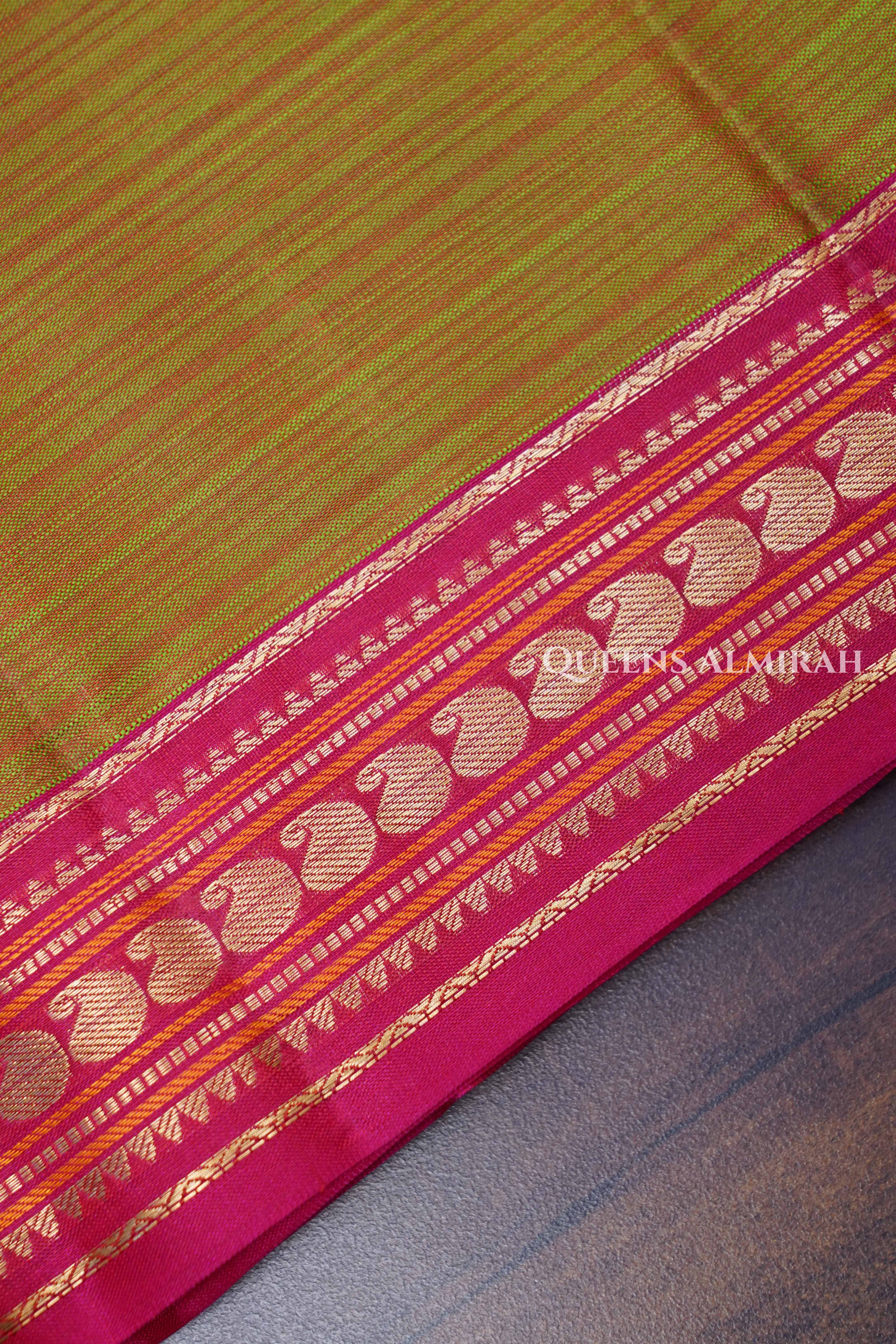 Mustard Yellow With Pink Pure kanchivaram Silk Saree