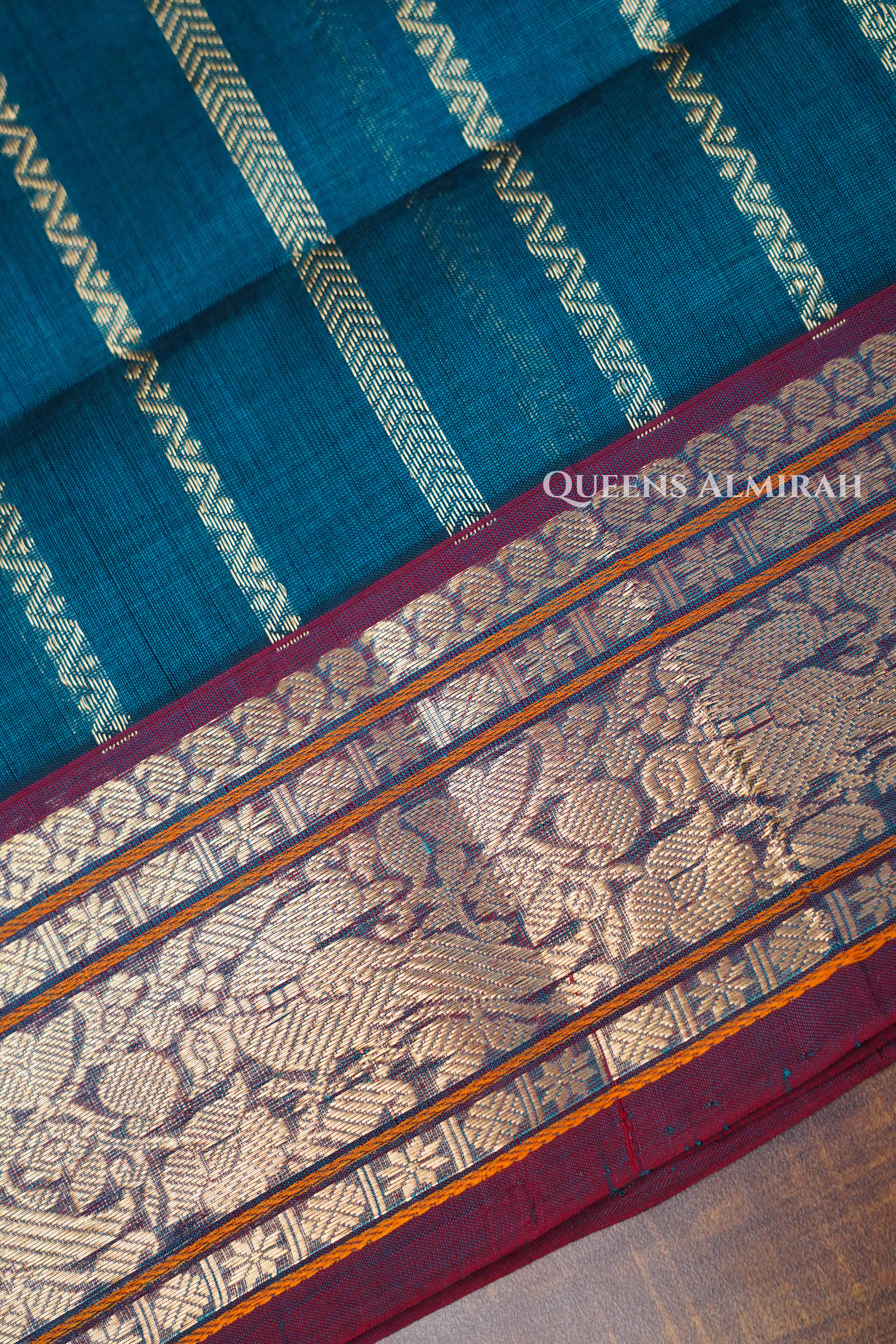Teal Green With Green -Karaikudi Chettinad Silk Cotton Saree