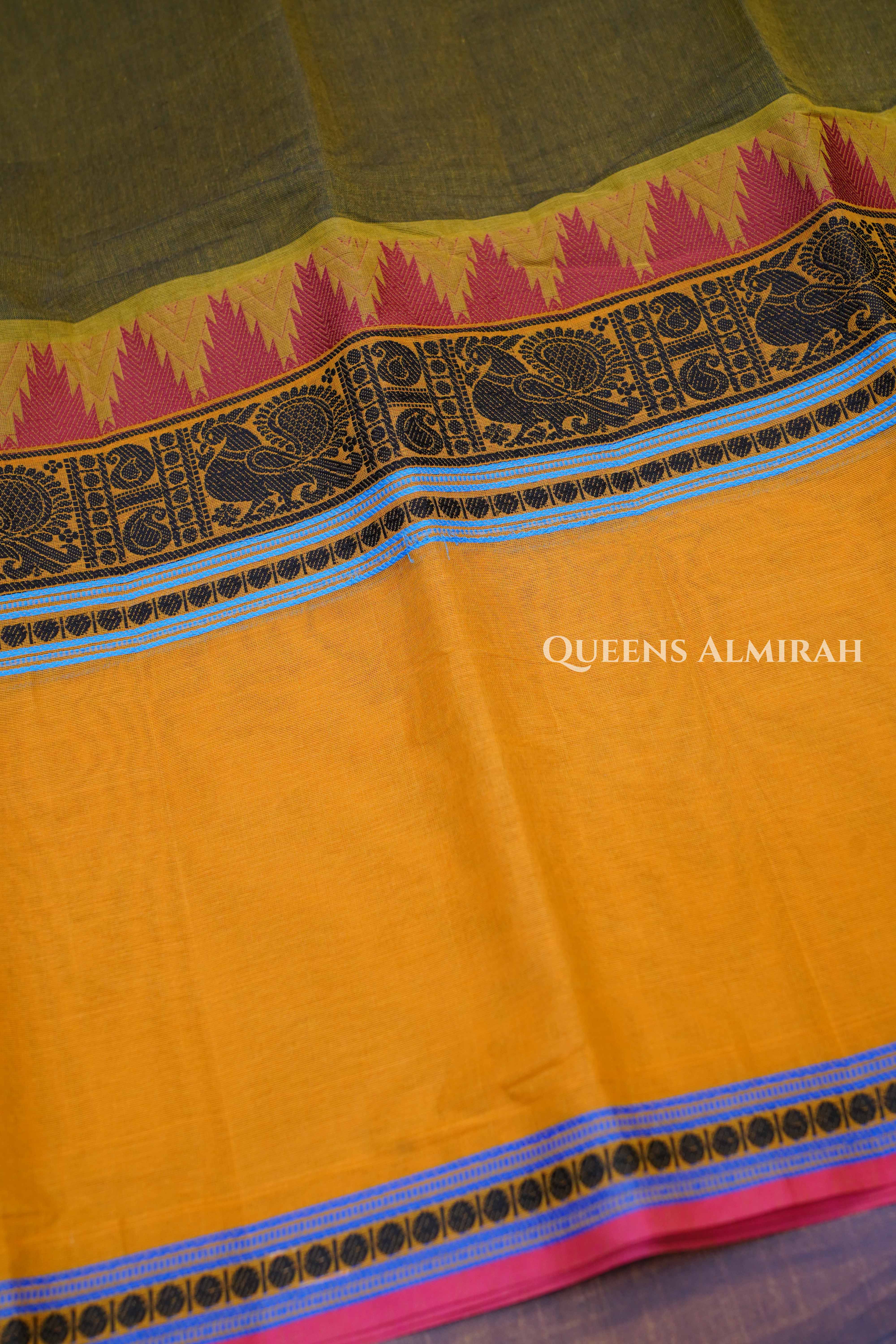 Paasi Pachai Green With Mustard Yellow Chettinad Cotton Saree