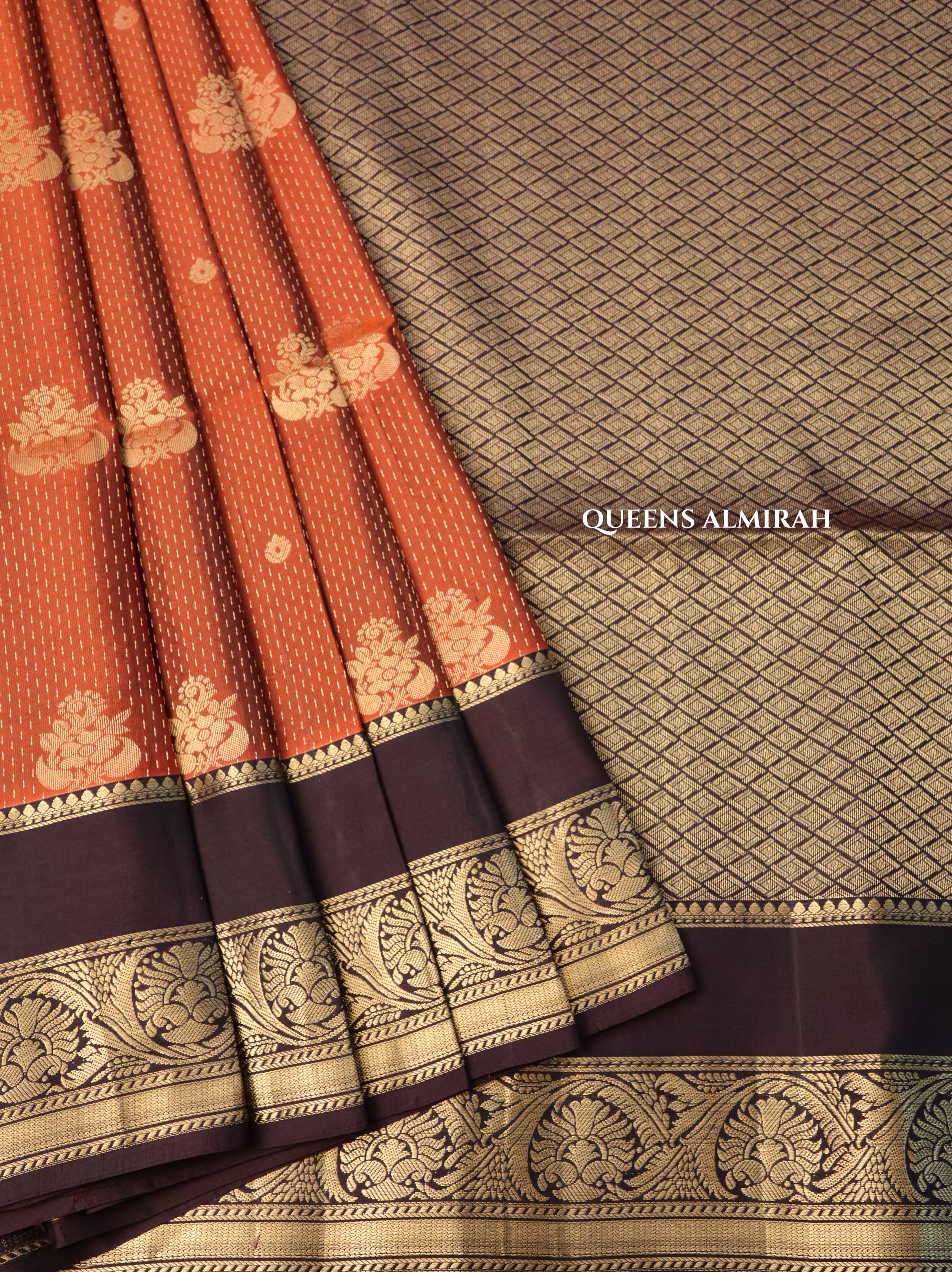 Rust Orange With Cocoa Bean Pure Soft Silk Saree