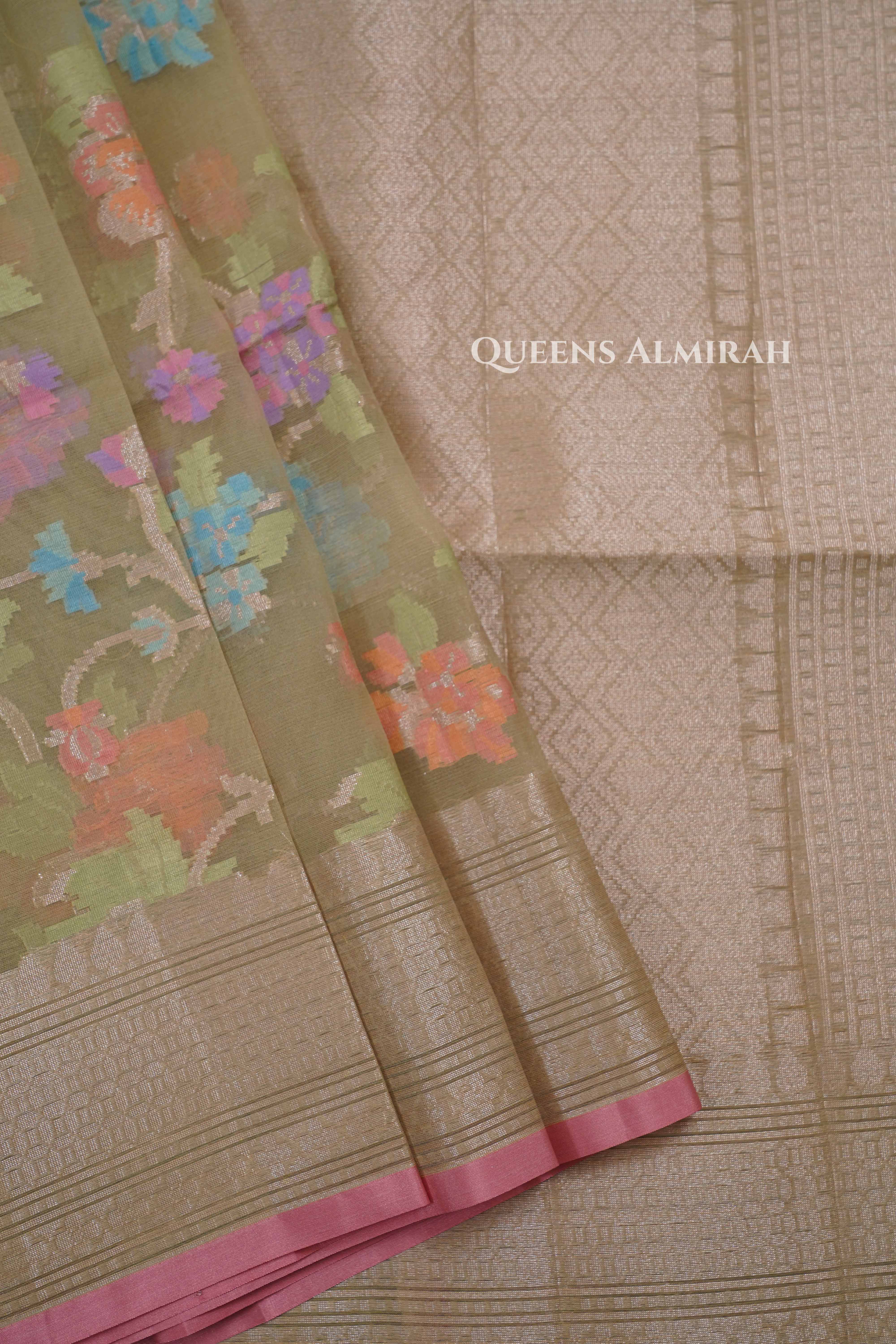 Olive Yellow Banarasi Organza Saree
