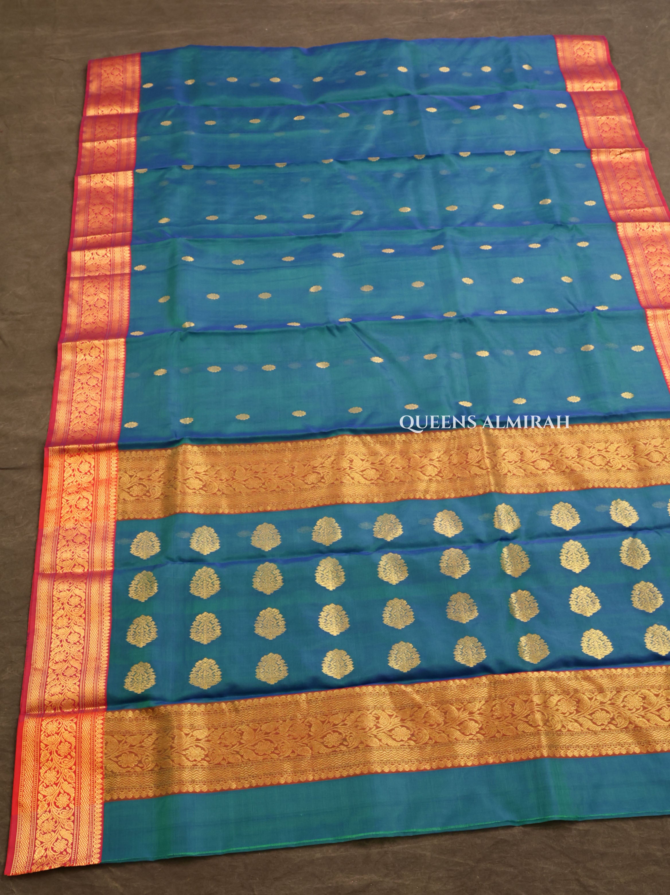 Peacock Blue With Red Chanderi Katan Silk Handloom Saree