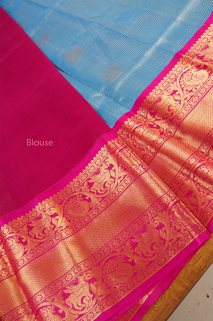 Blue Kattam With Purple Long And Short Border Pure Silk Cotton Saree