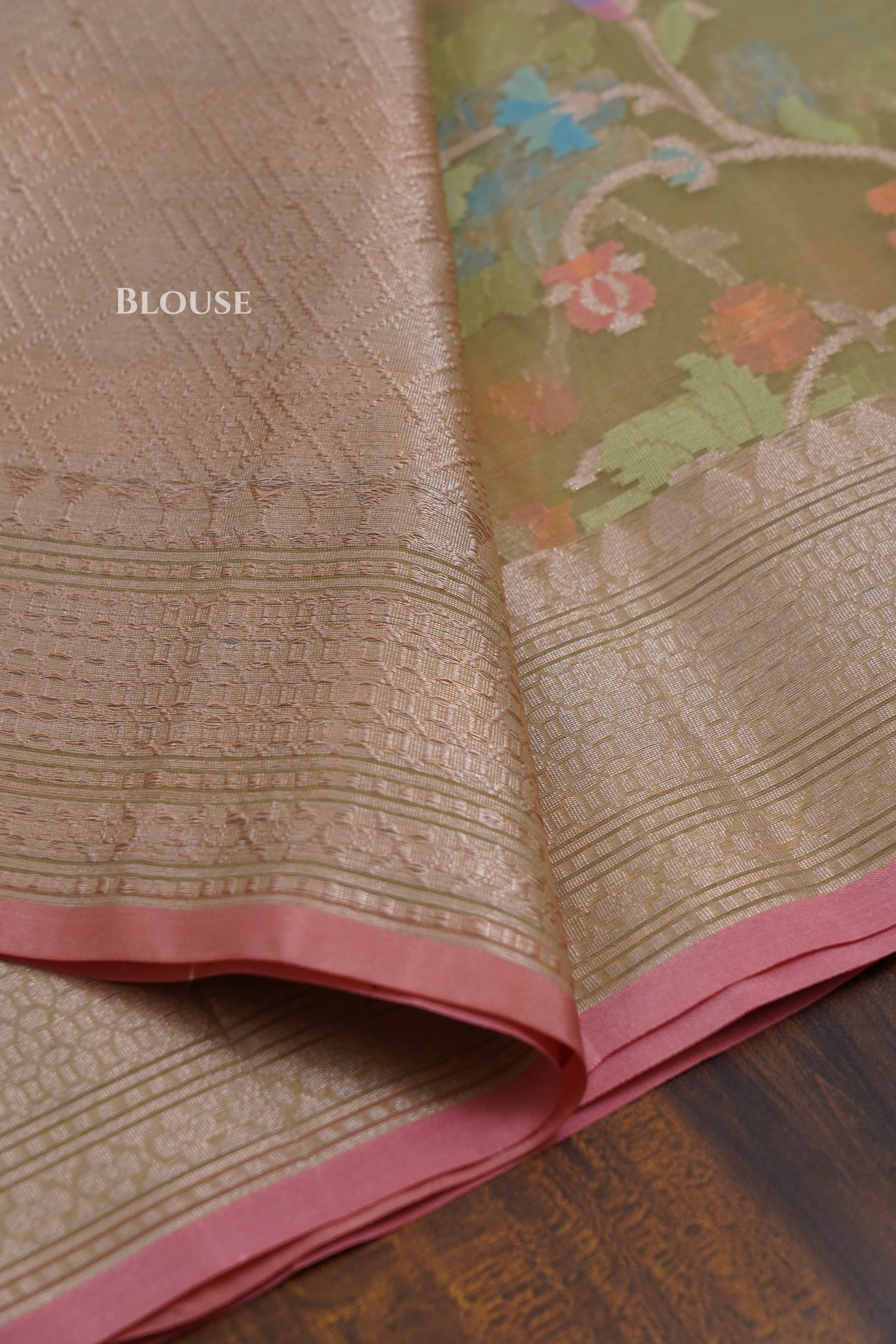 Olive Yellow Banarasi Organza Saree