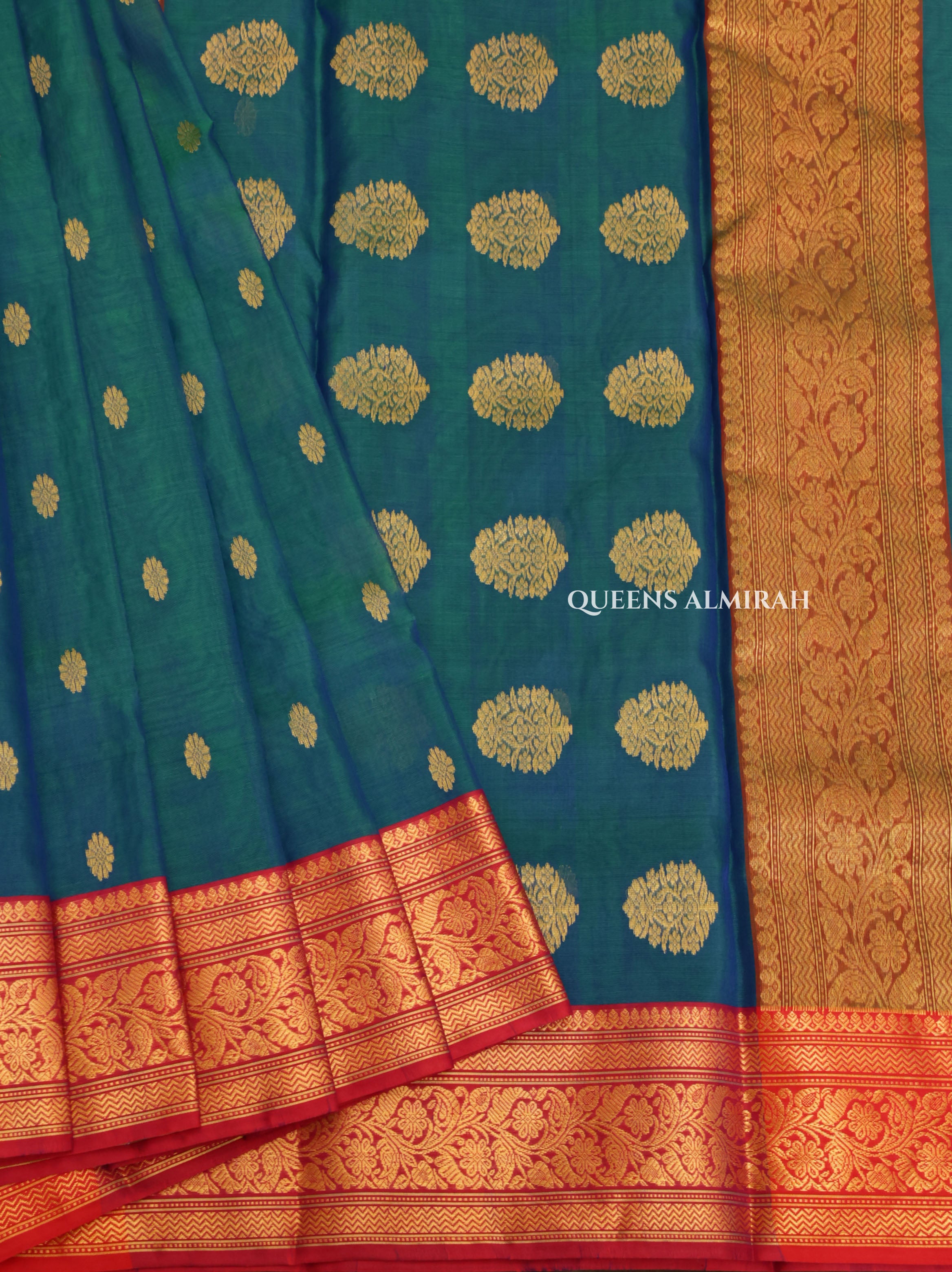 Peacock Blue With Red Chanderi Katan Silk Handloom Saree