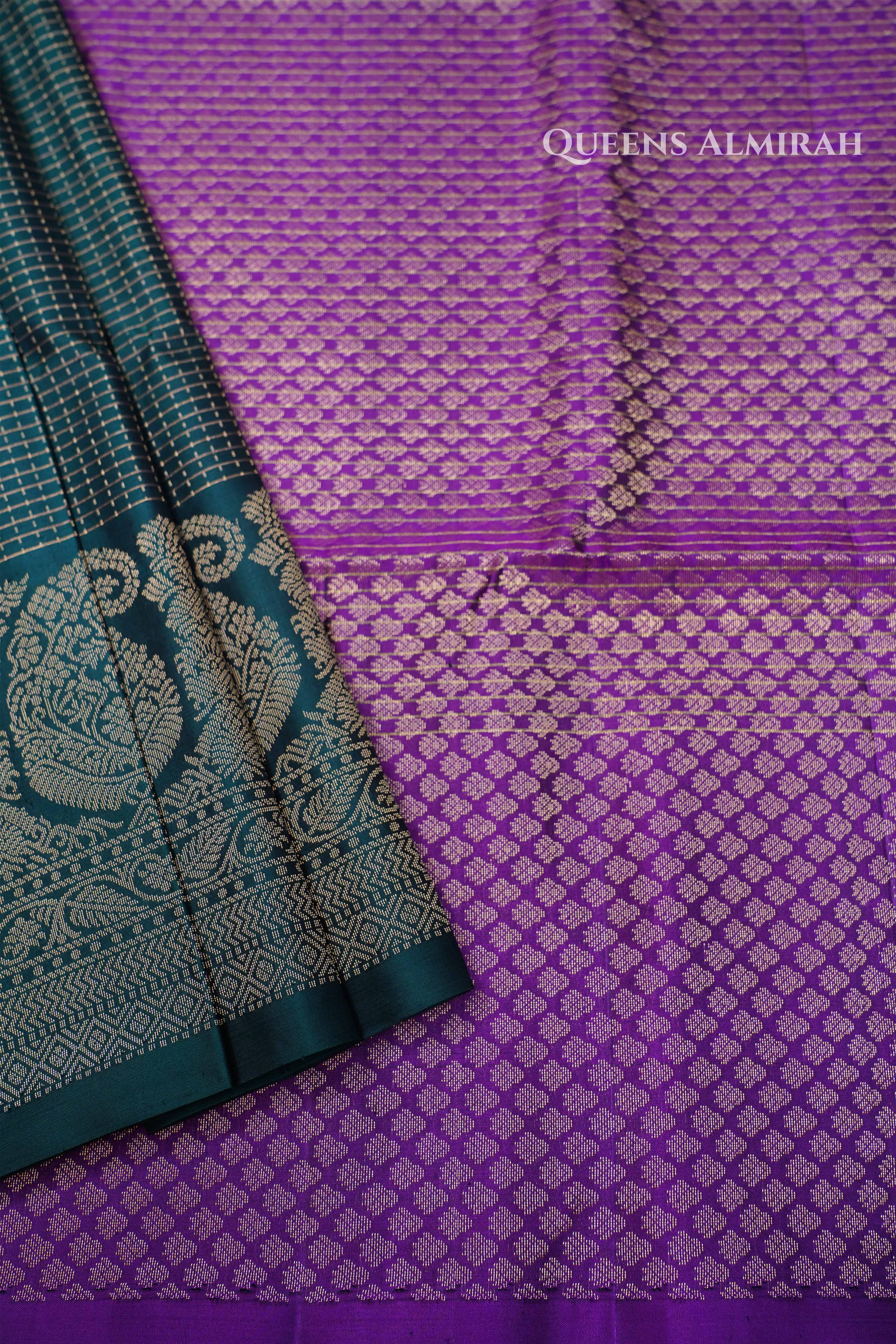 Dark Green With Purple  Pure Soft Silk Saree