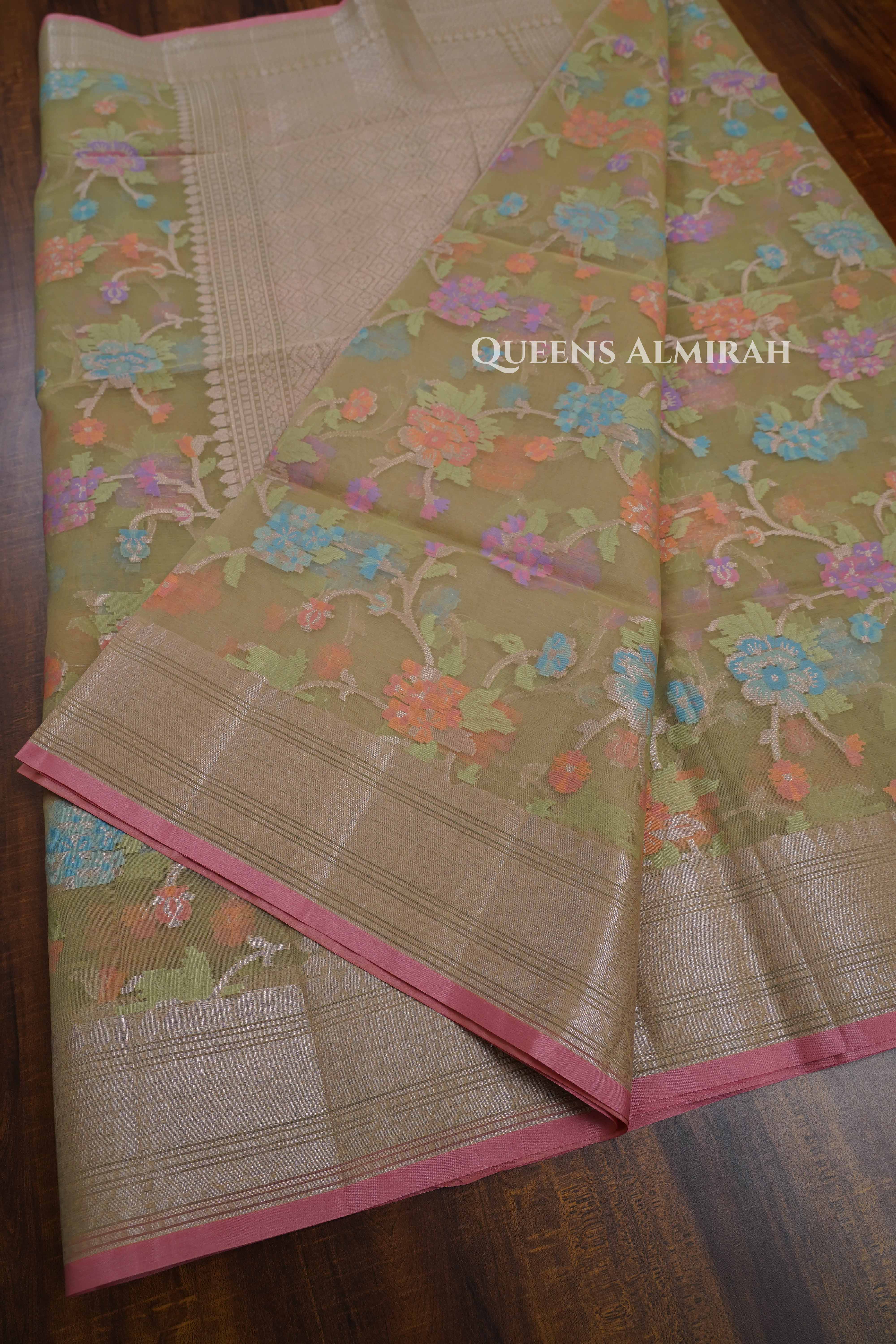 Olive Yellow Banarasi Organza Saree