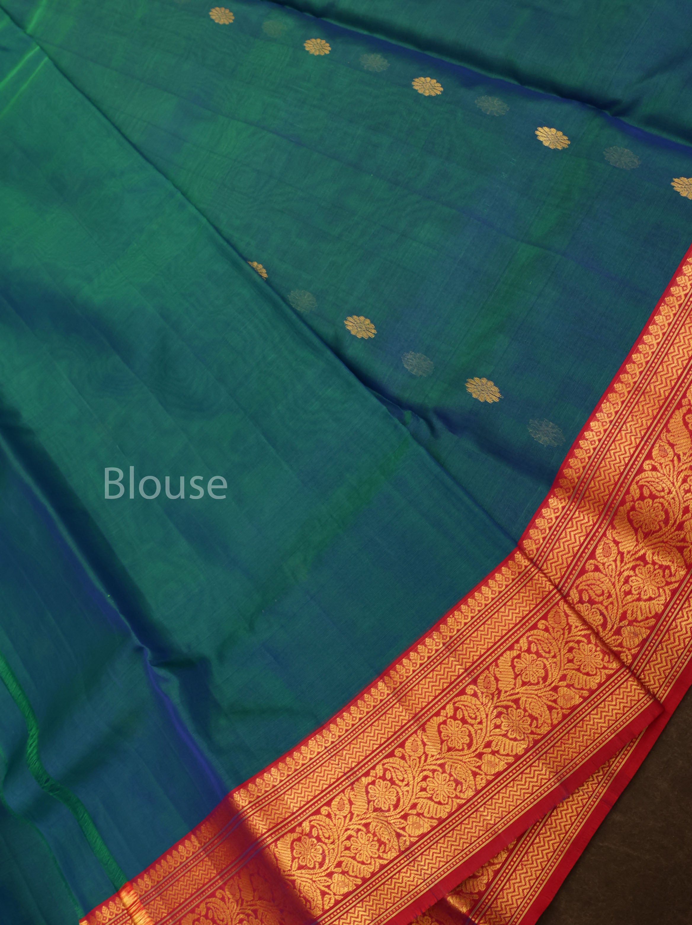 Peacock Blue With Red Chanderi Katan Silk Handloom Saree