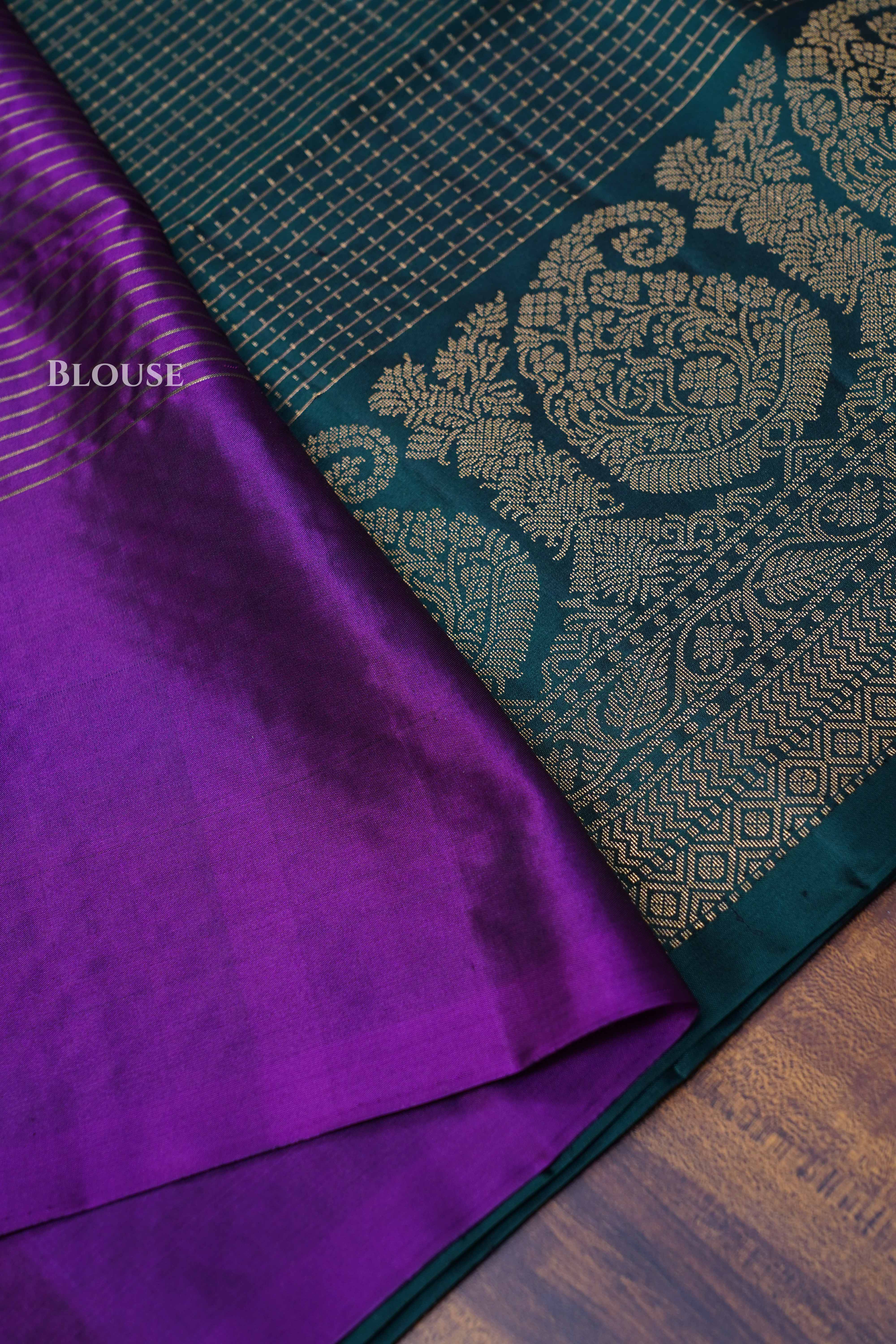 Dark Green With Purple  Pure Soft Silk Saree