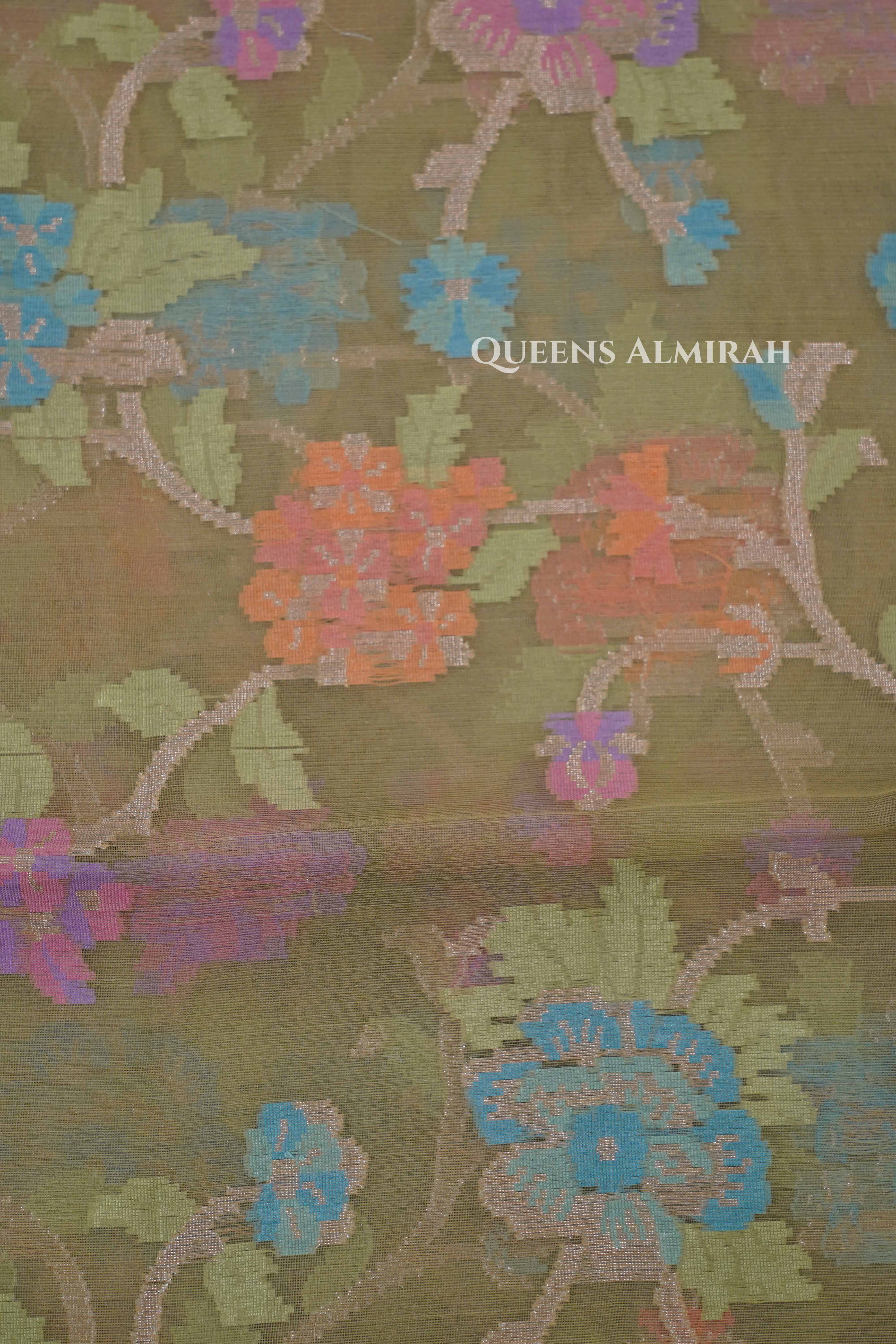 Olive Yellow Banarasi Organza Saree