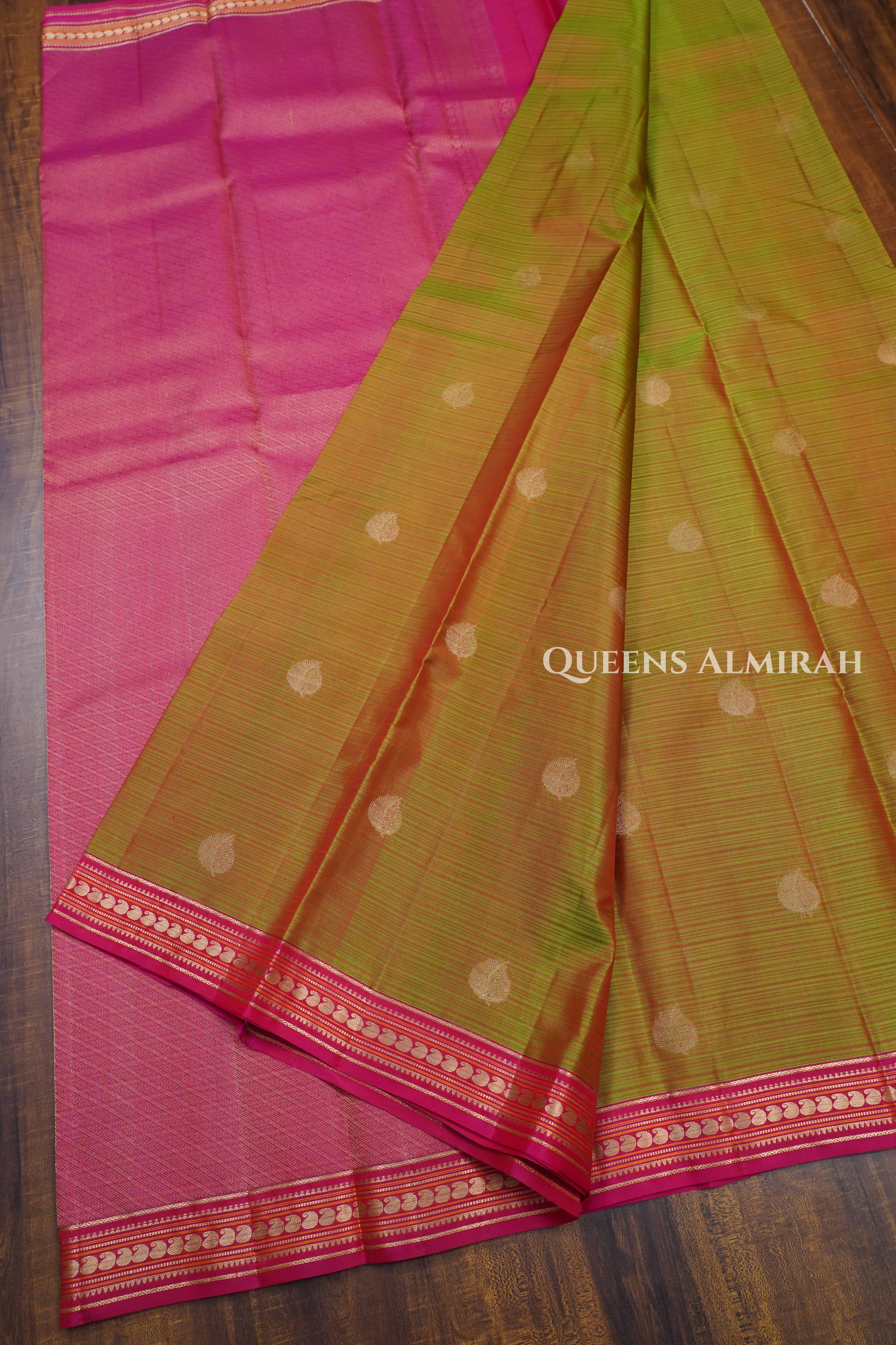 Mustard Yellow With Pink Pure kanchivaram Silk Saree