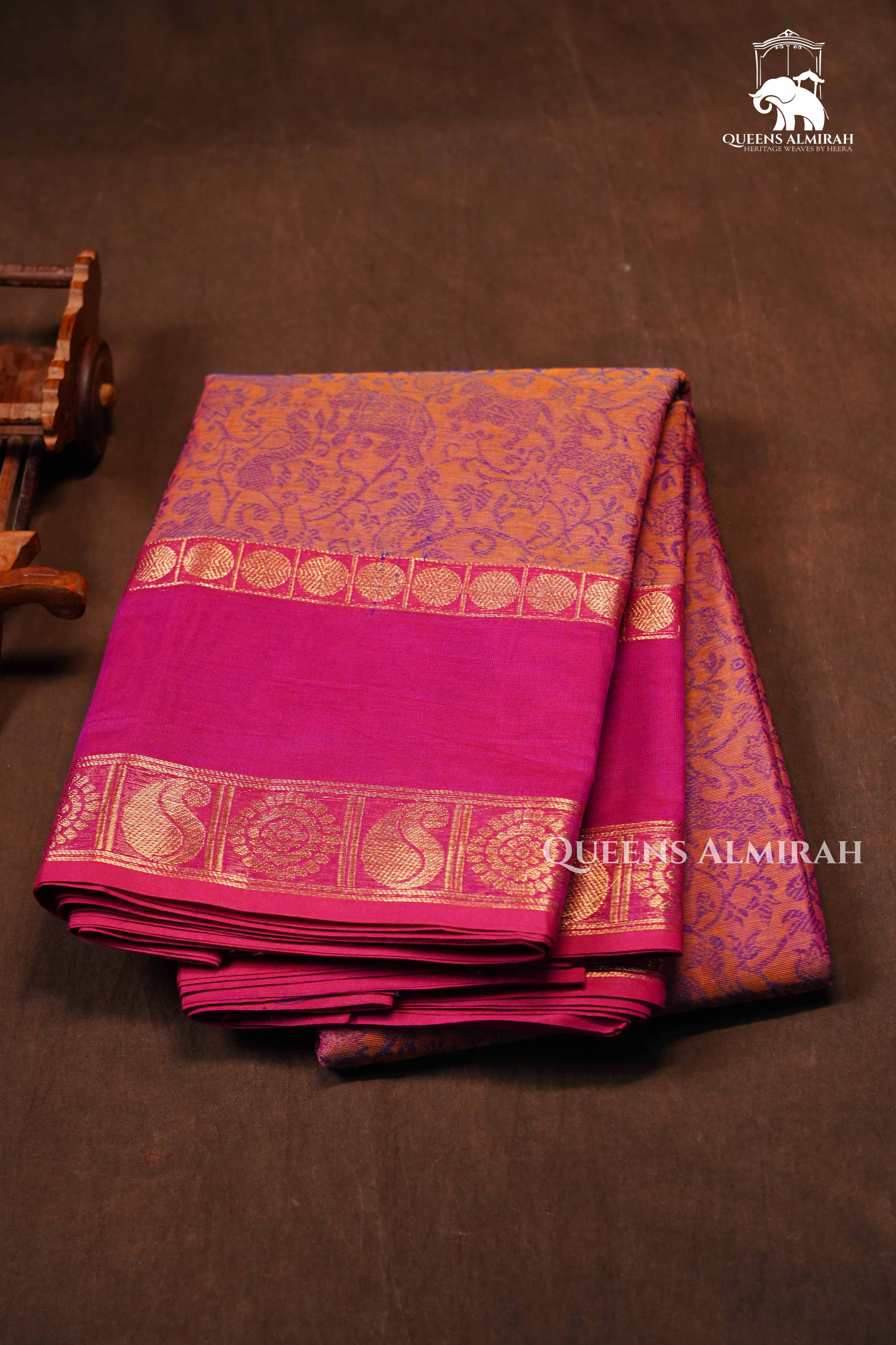 Peach Orange With Pink Kanchi Cotton Saree