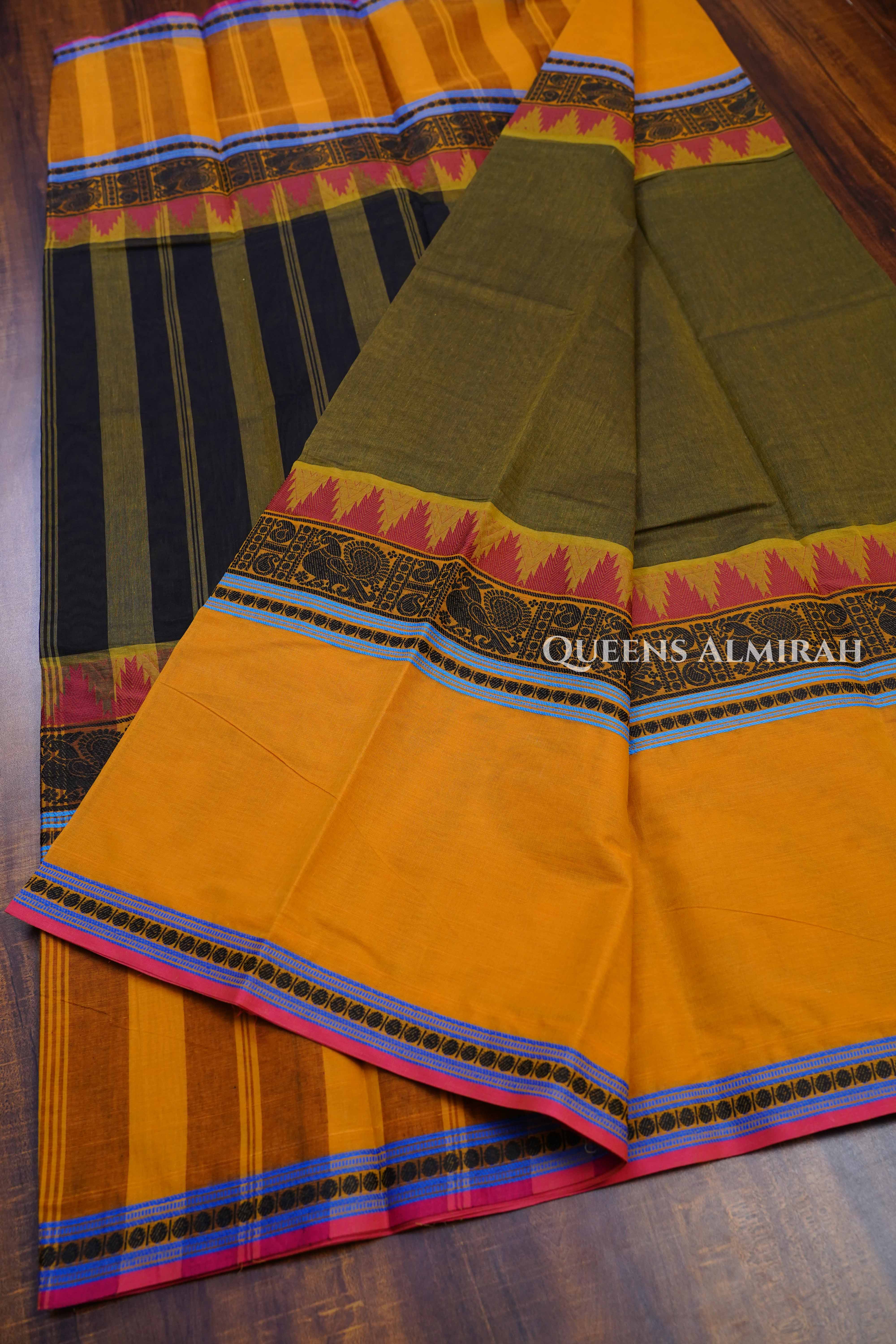 Paasi Pachai Green With Mustard Yellow Chettinad Cotton Saree