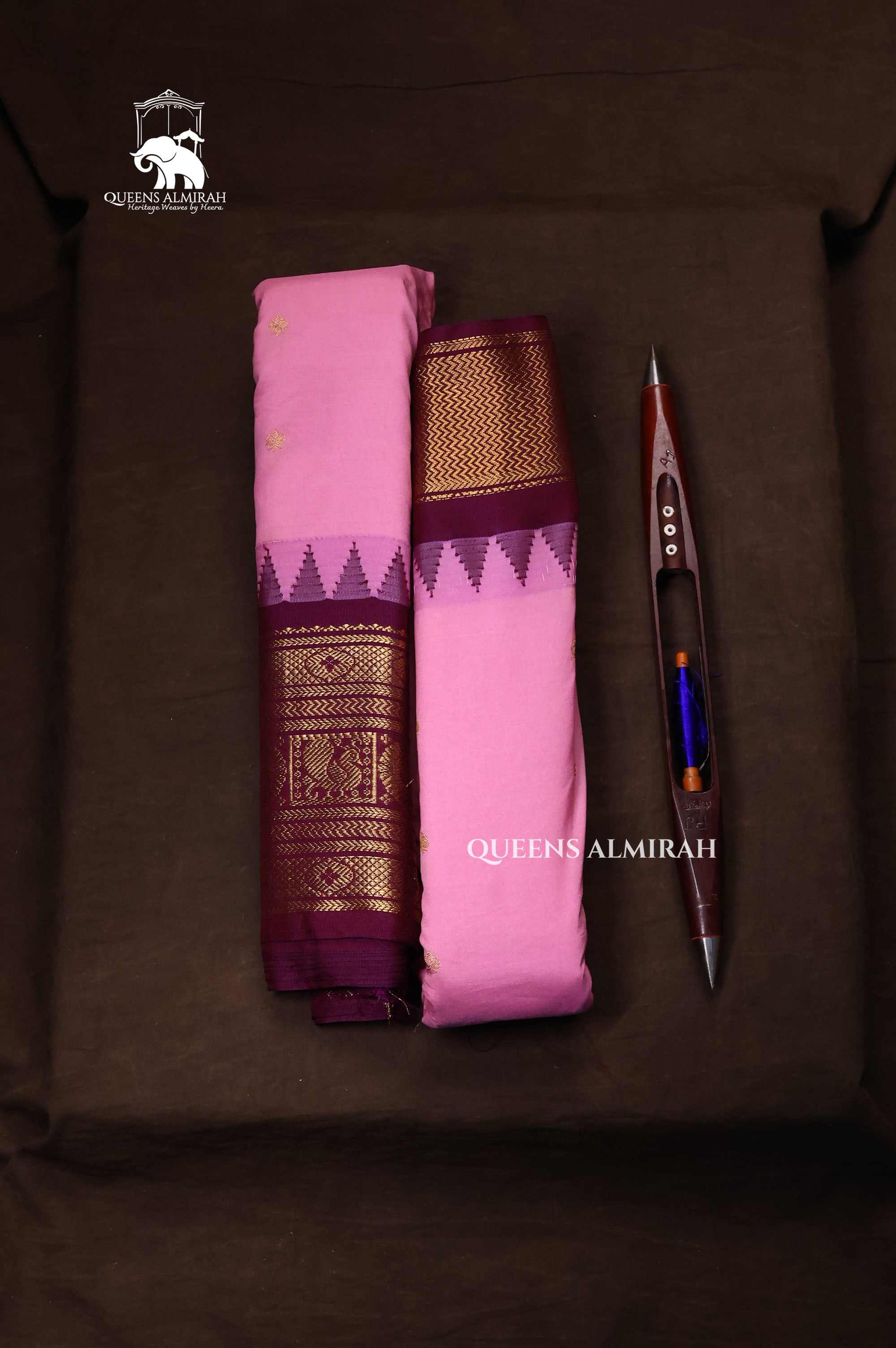 Rose Milk Pink With Purple Semi Gadwal Silk Saree