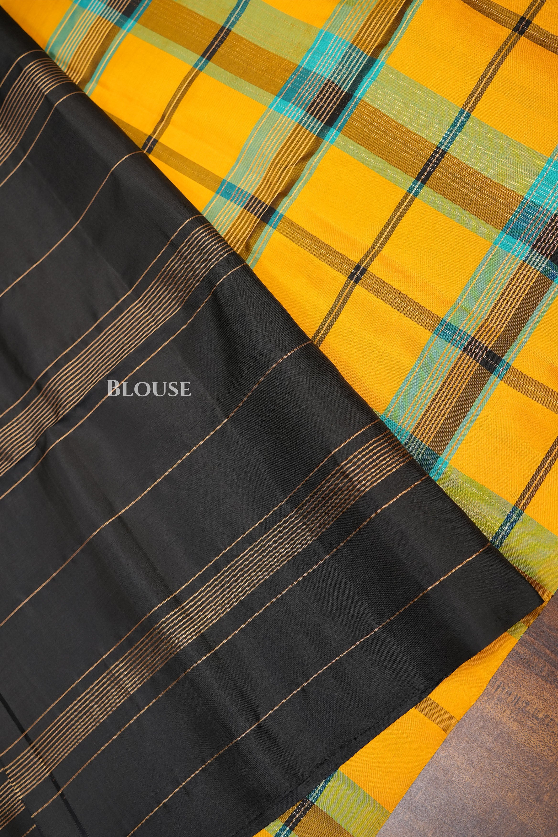 Yellow With Turquoise Blue Burberry Checks Pure Soft Silk Saree