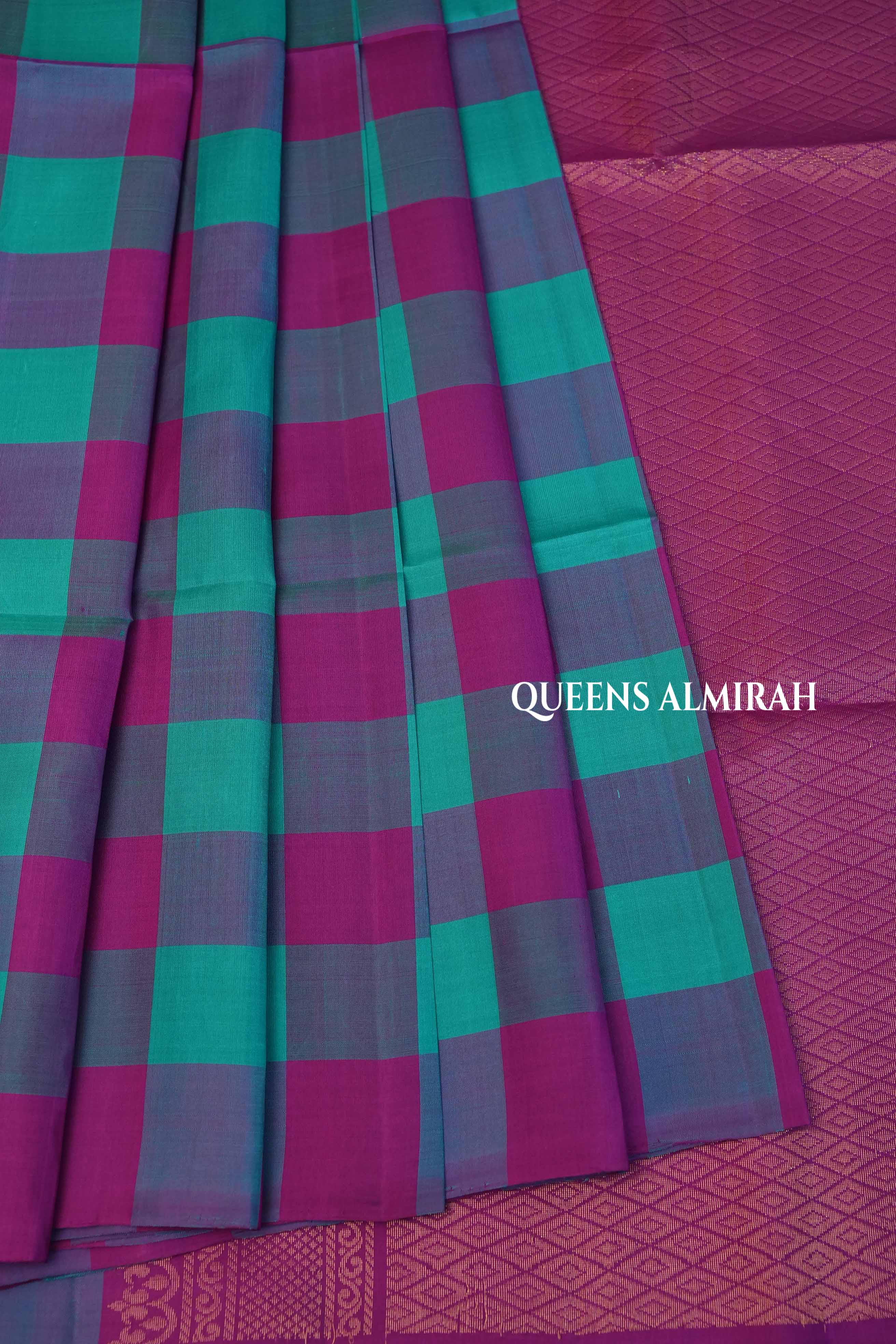 Turquoise Blue With Purple Yaanai Kattam Pure Soft Silk Saree