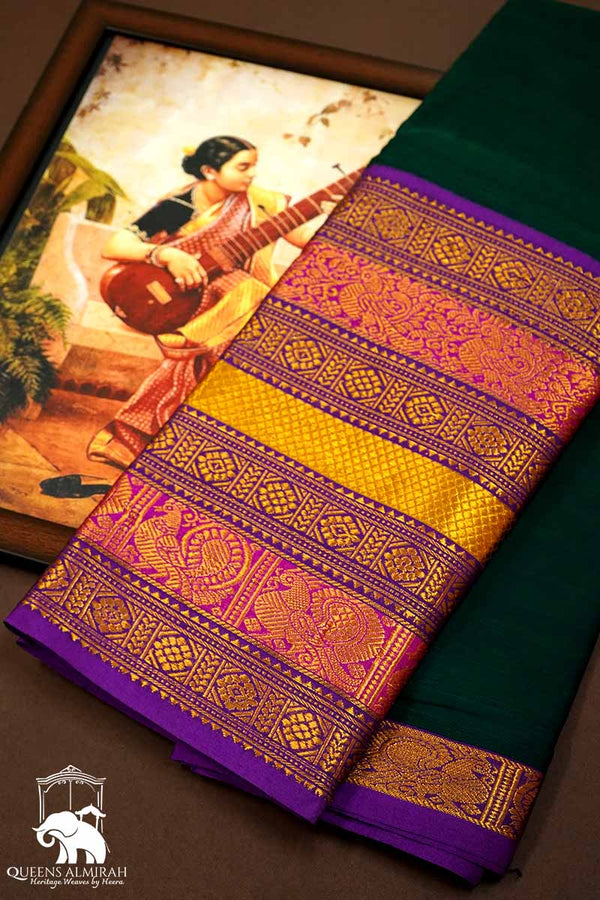 BOTTLE GREEN LONG MULTI COLOUR ZARI BORDER NARAYANPET COTTON SAREE - Queens Jewel Emporium