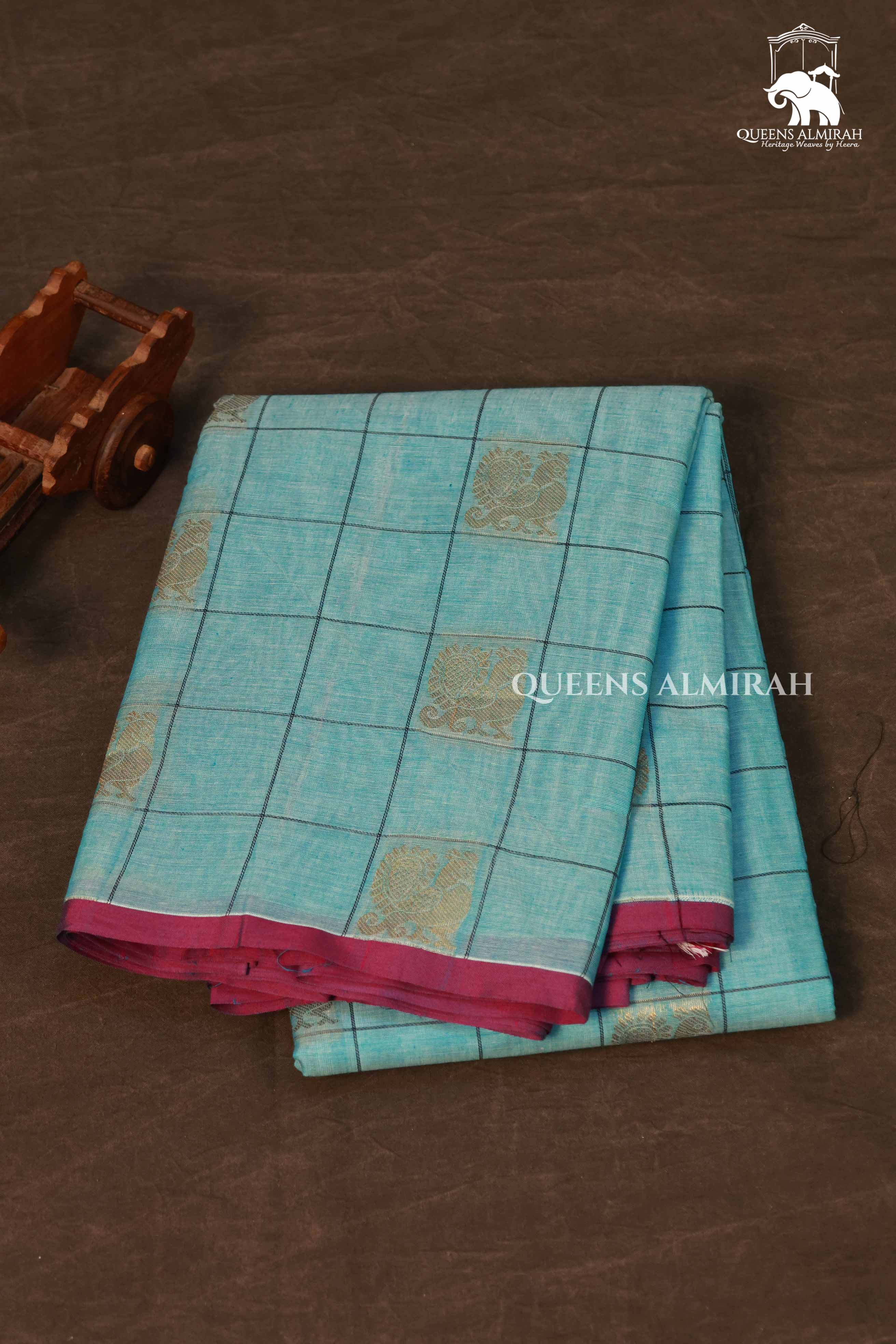 Sky Blue Kattam With Peacock Butta Kanchi Cotton Saree