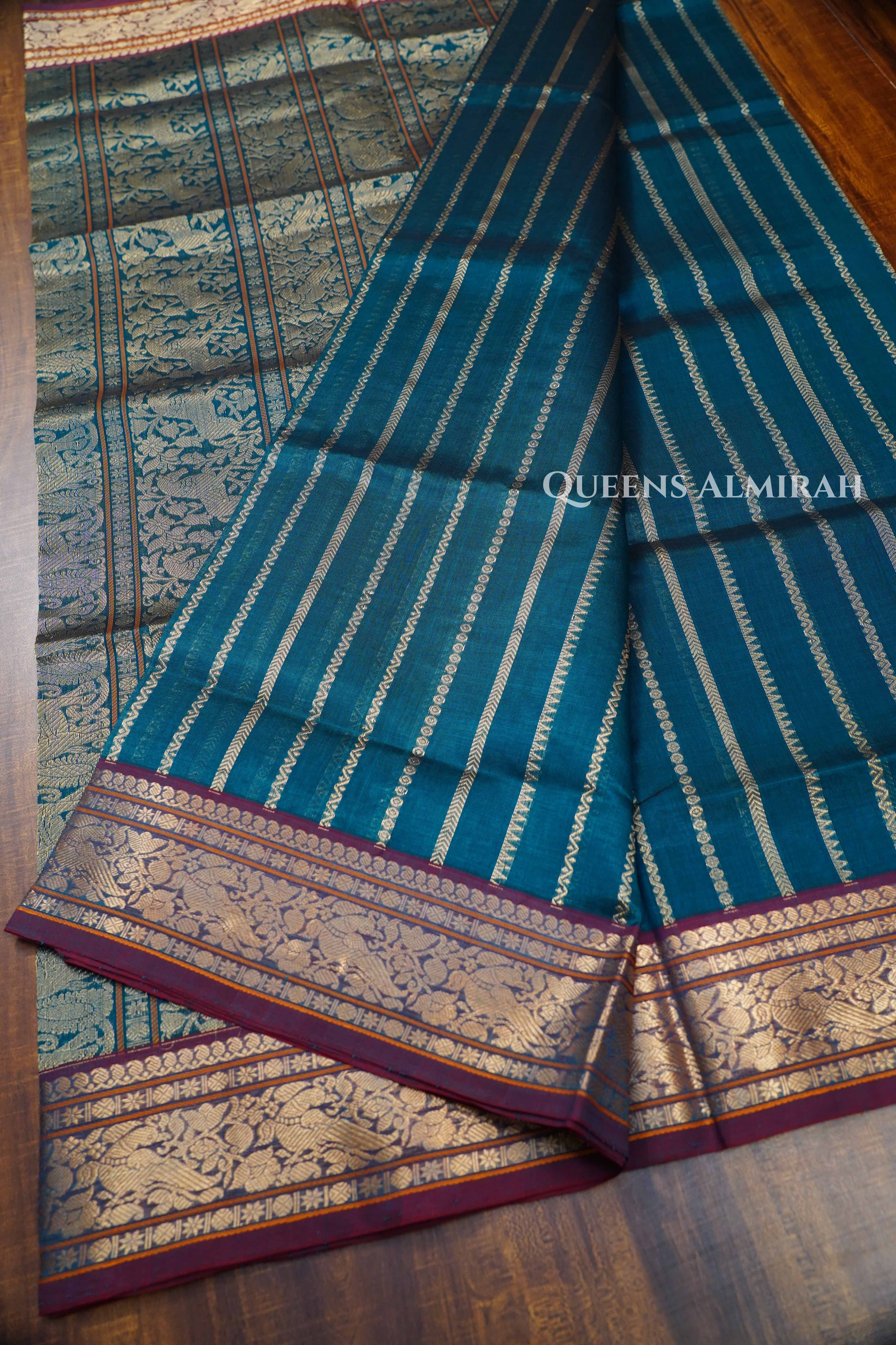 Teal Green With Green -Karaikudi Chettinad Silk Cotton Saree