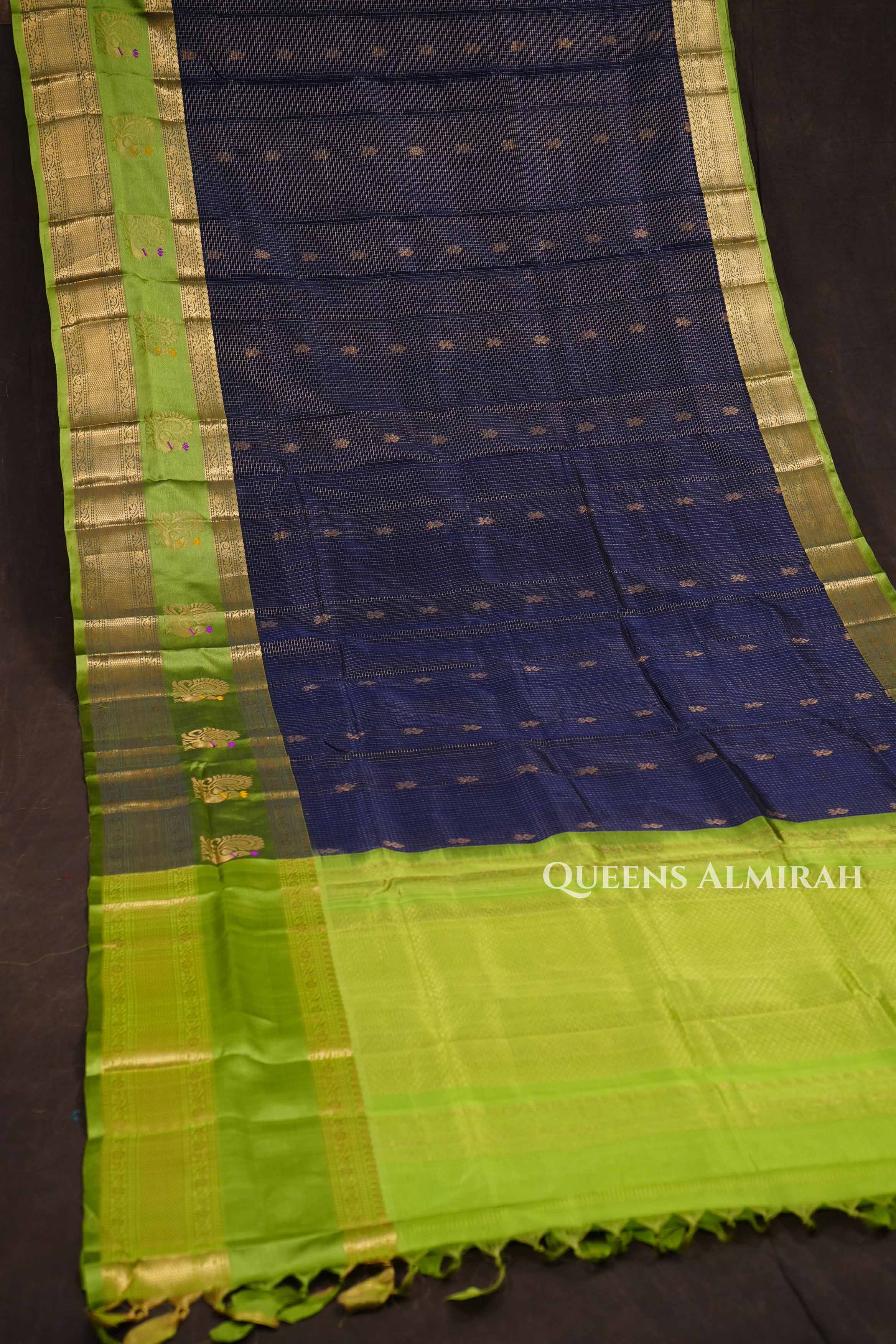 Navy Blue With Parrot Green Pure Kanchi Silk Cotton Saree