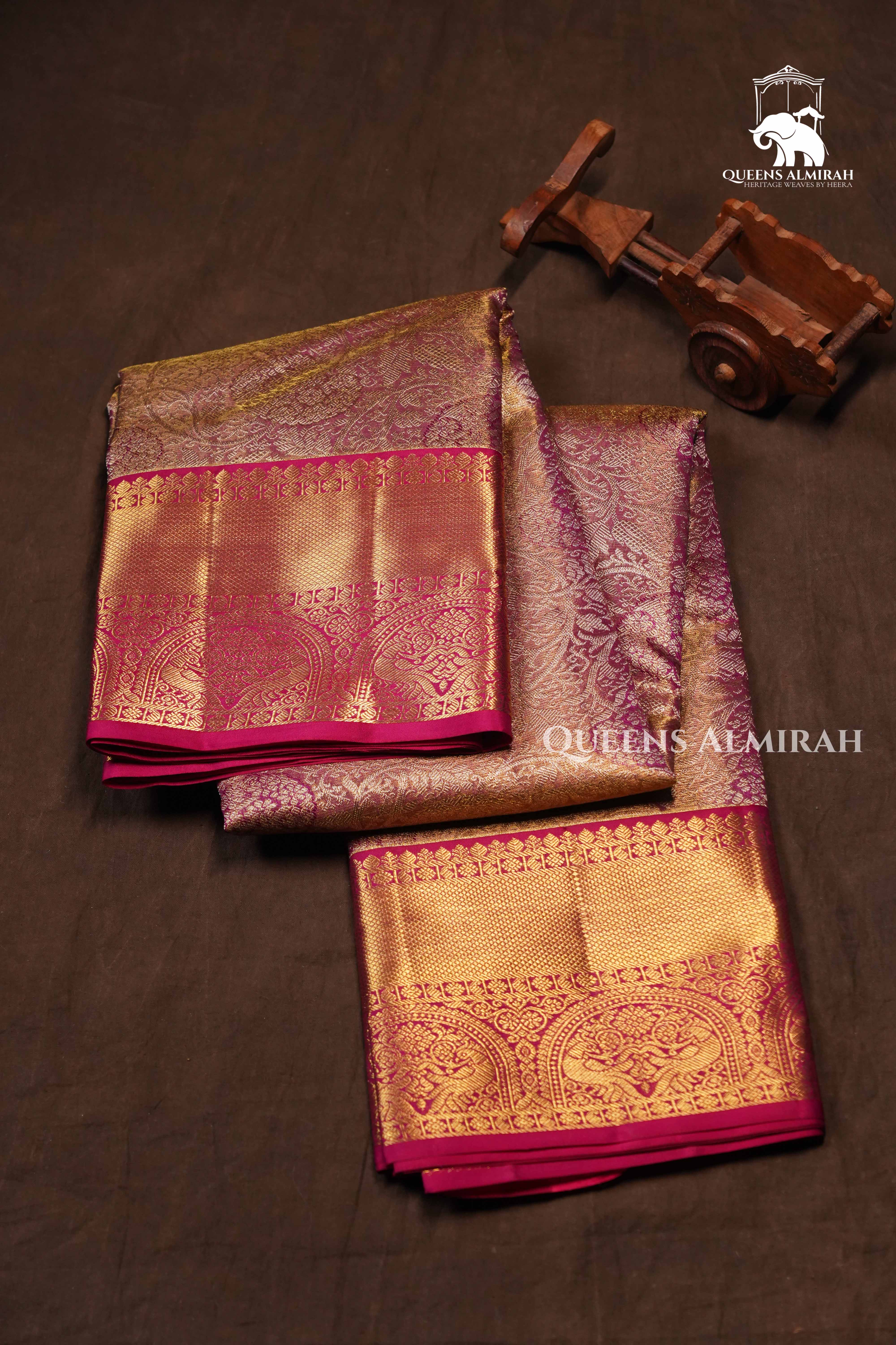 Golden With Pink Pure kanchivaram Silk Saree