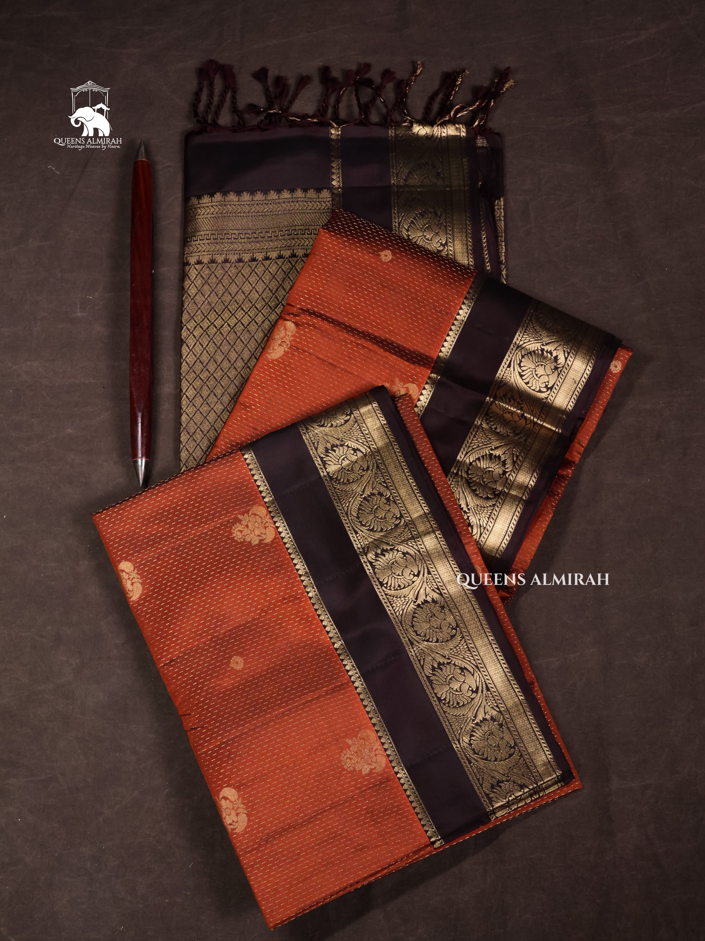 Rust Orange With Cocoa Bean Pure Soft Silk Saree