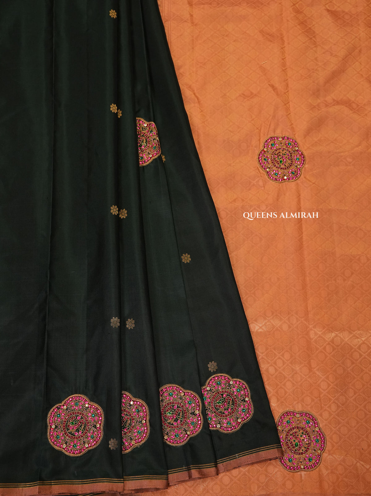 Dark Green With Peach Rakkadai Designer Silk Saree