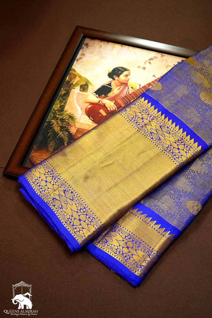 ROYAL BLUE TISSUE KANCHI SILK SAREE - Queens Jewel Emporium