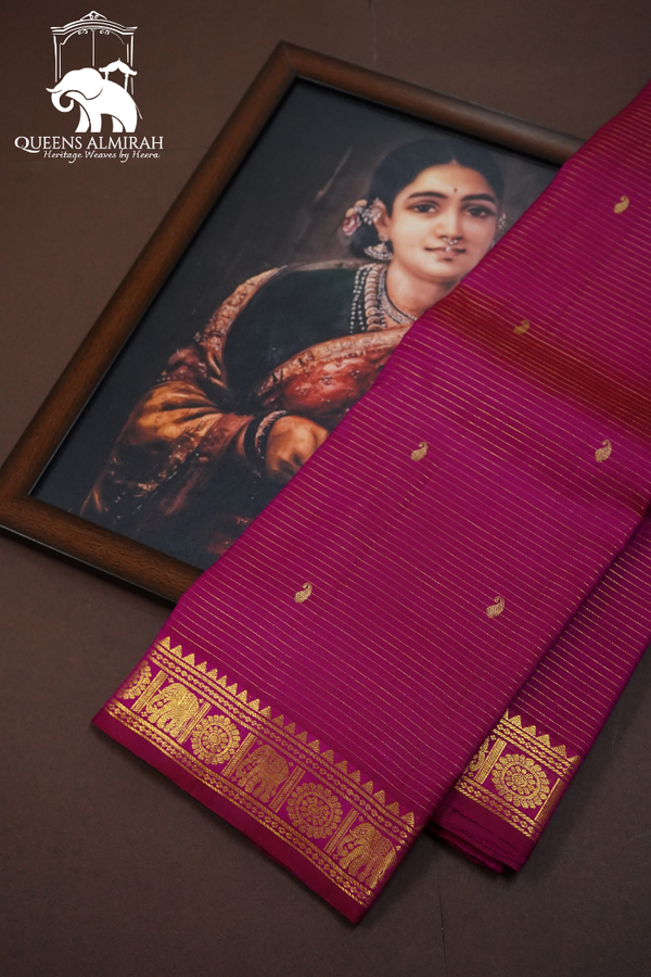 DARK RASPBERRY THIN GOLDEN BORDER PURE KANCHIVARAM SILK SAREE - Queens Jewel Emporium