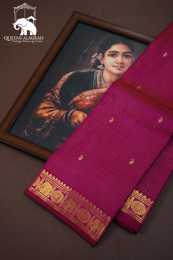 DARK RASPBERRY THIN GOLDEN BORDER PURE KANCHIVARAM SILK SAREE - Queens Jewel Emporium