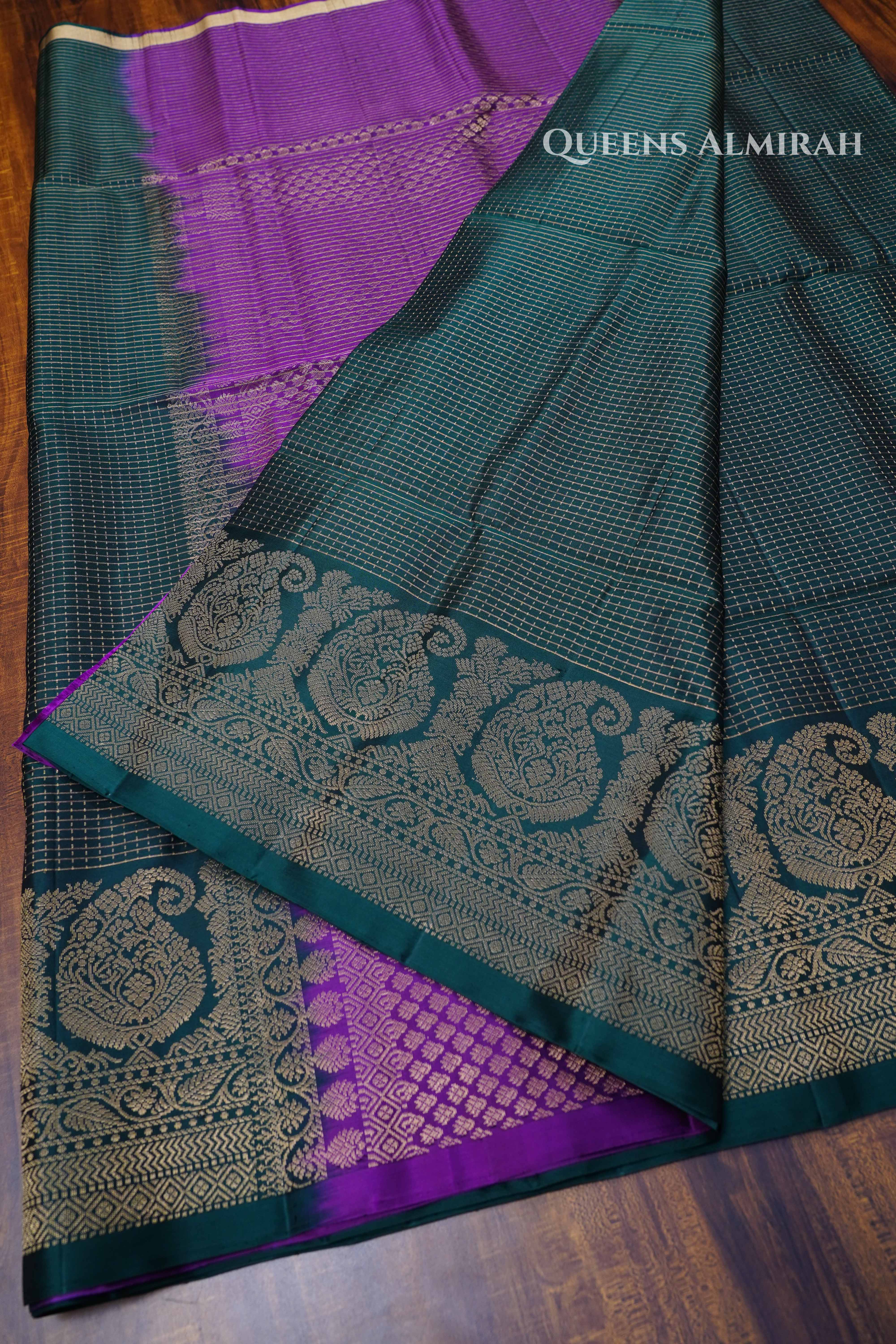 Dark Green With Purple  Pure Soft Silk Saree