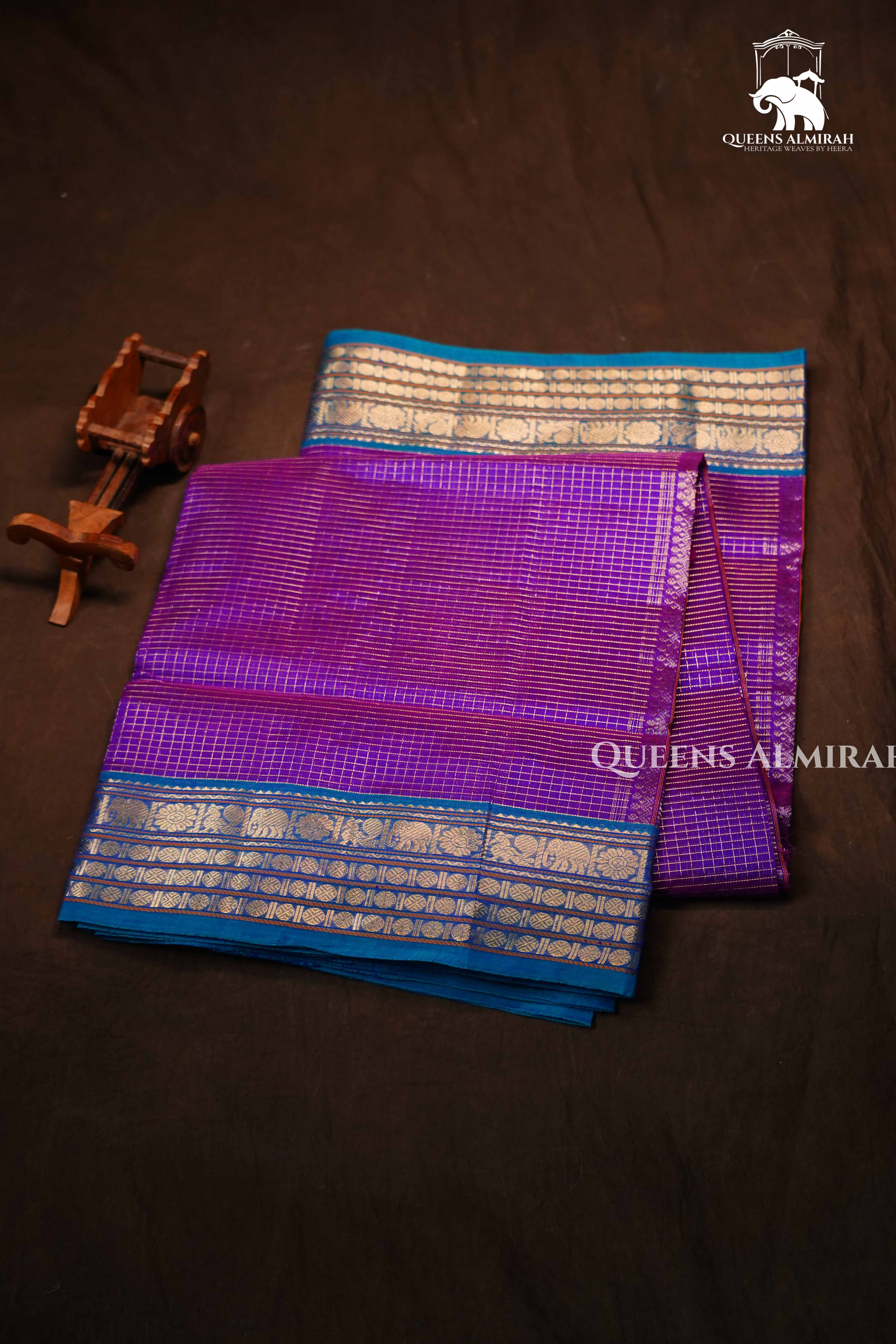 Warm Purple With Teal Blue-Karaikudi Chettinad Silk Cotton Saree