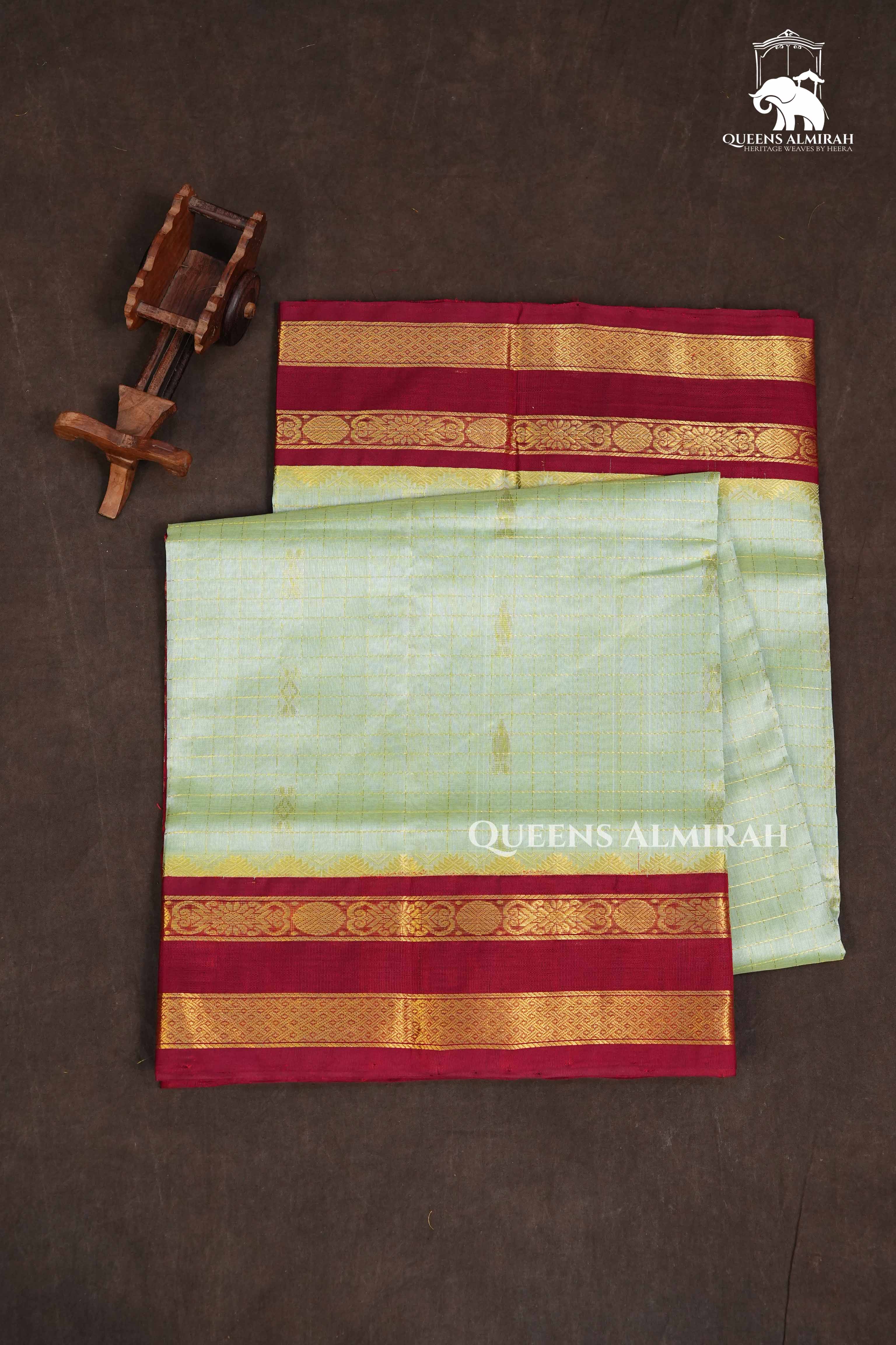 Pista Green Kattam With Red Pure Silk Cotton Saree