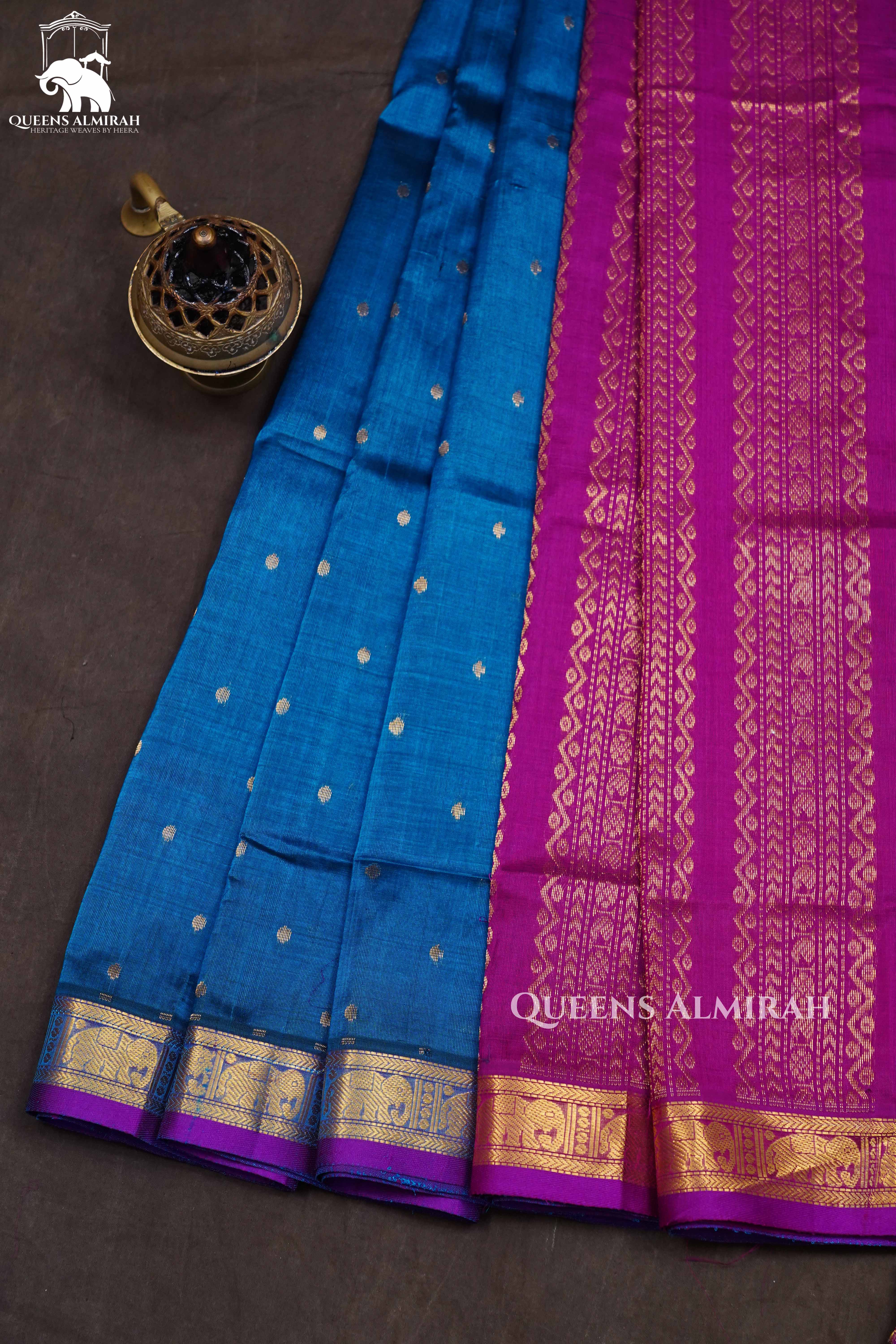 Sea Blue With Dark Magenta Pink Pure Silk Cotton Saree
