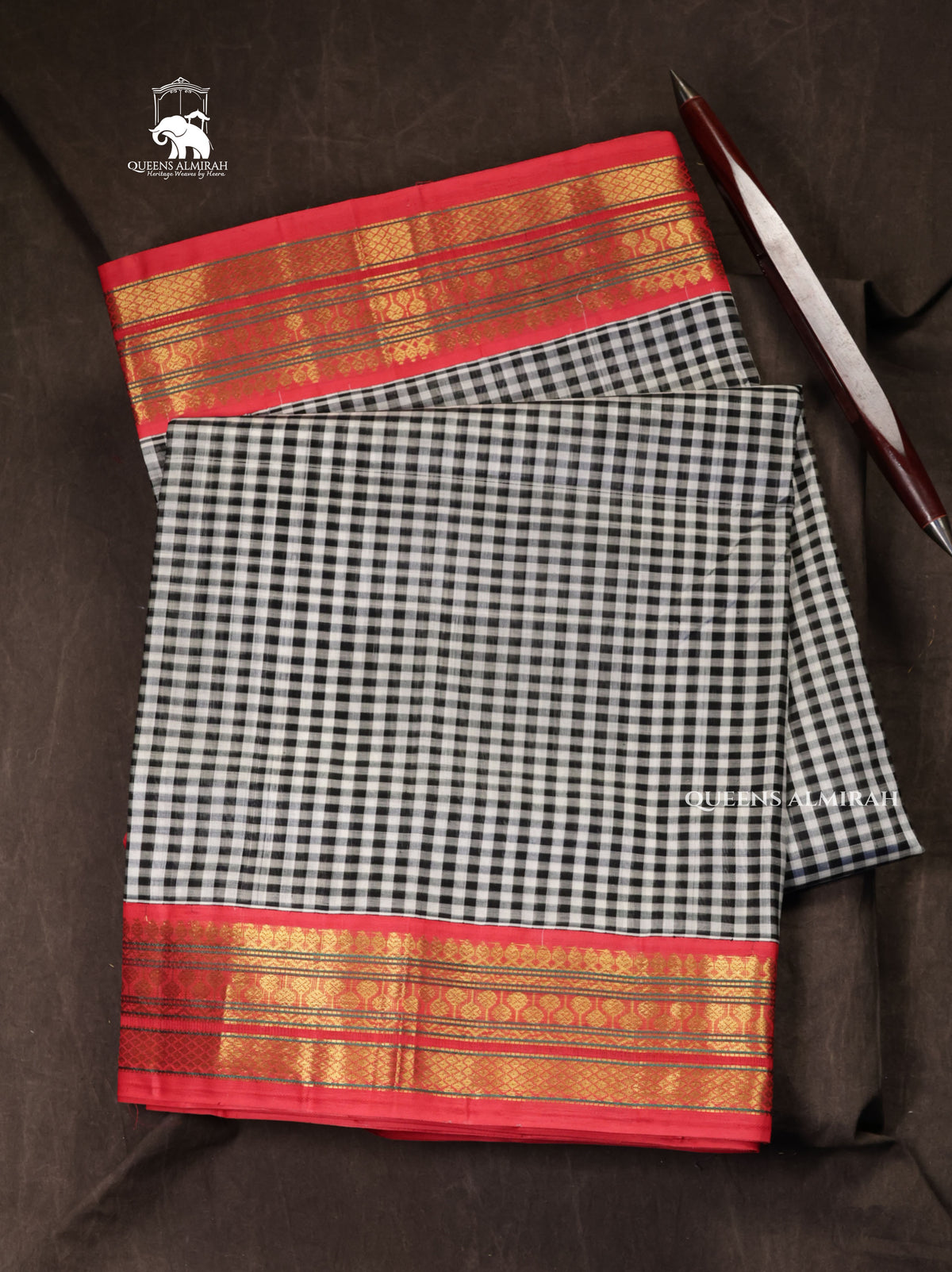 White And Black Kattam With Red Border Pure Silk Cotton Saree
