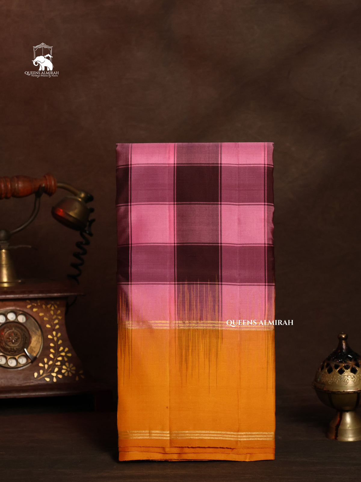 Pink And Brown Kattam With Yellow Border Pure Kanchivaram Silk Saree