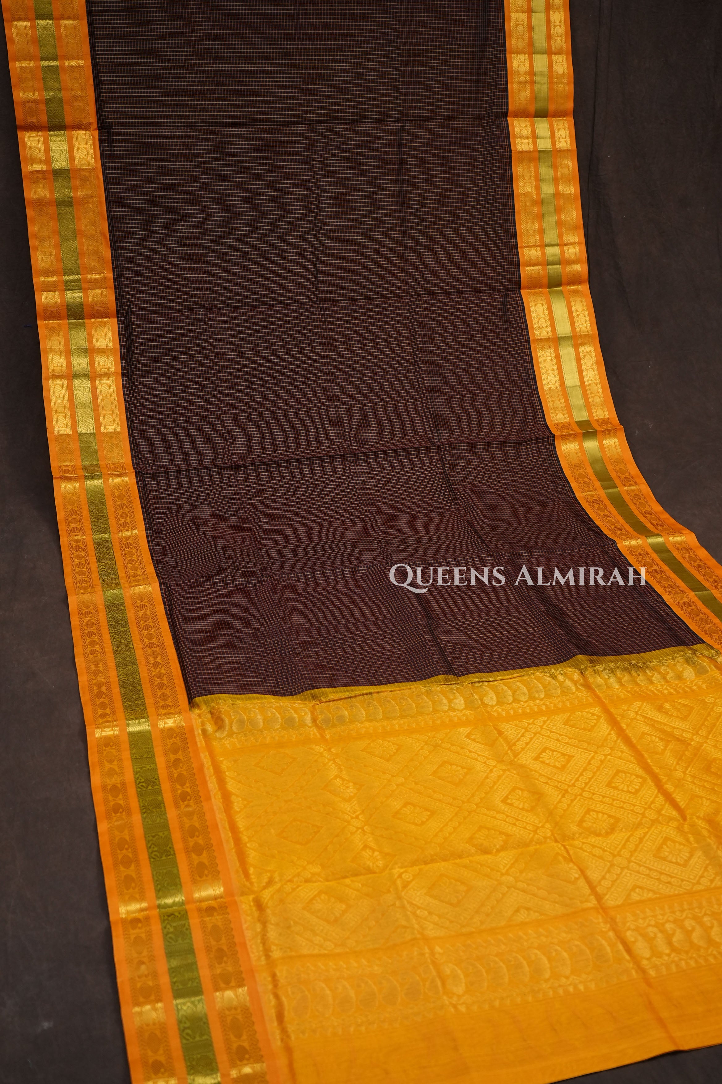 Coffee Bean Small Kattam With Mustard Yellow Pure Kanchi Silk Cotton Saree