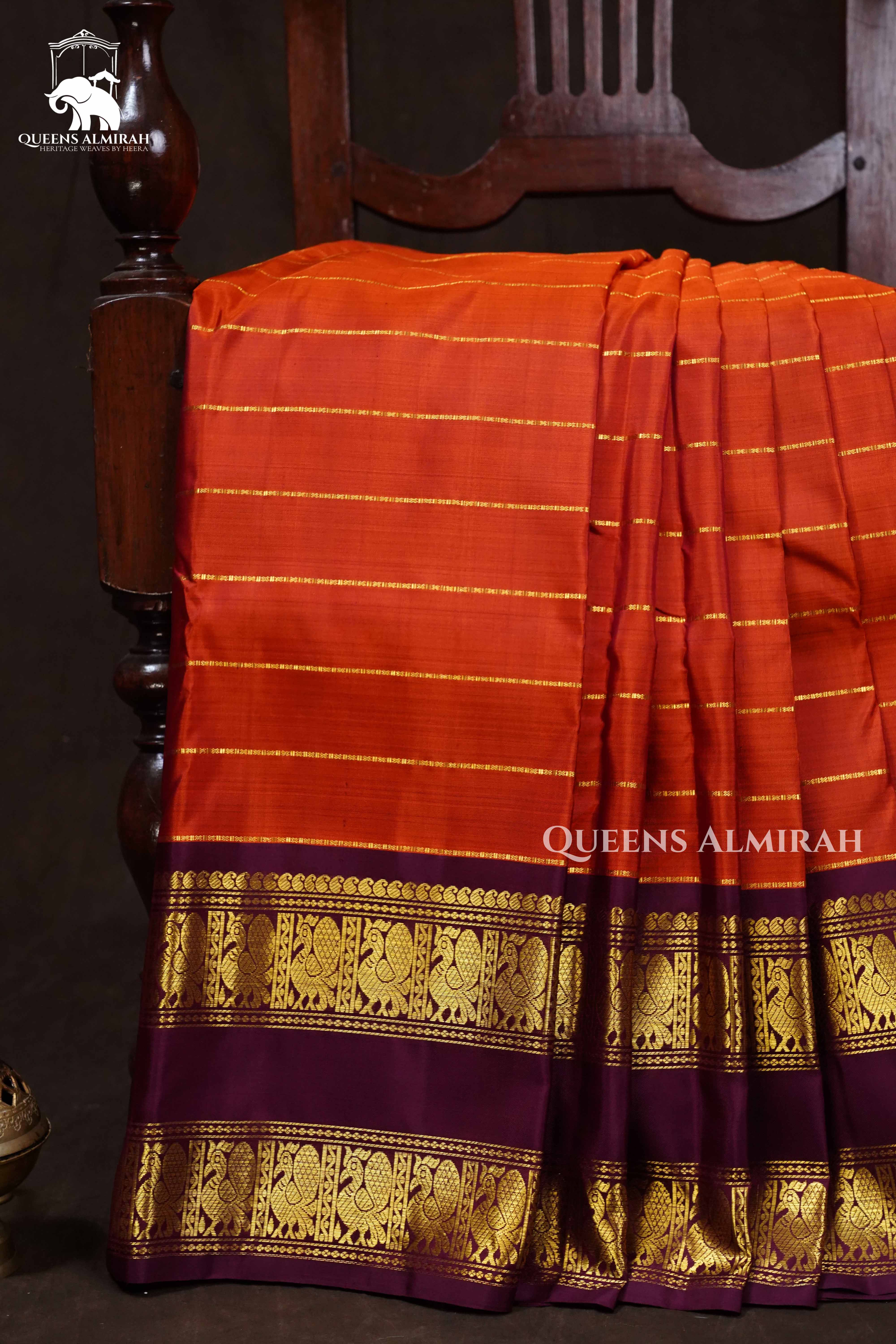 Rust Orange With Wine Red Pure Kanchivaram Silk Saree