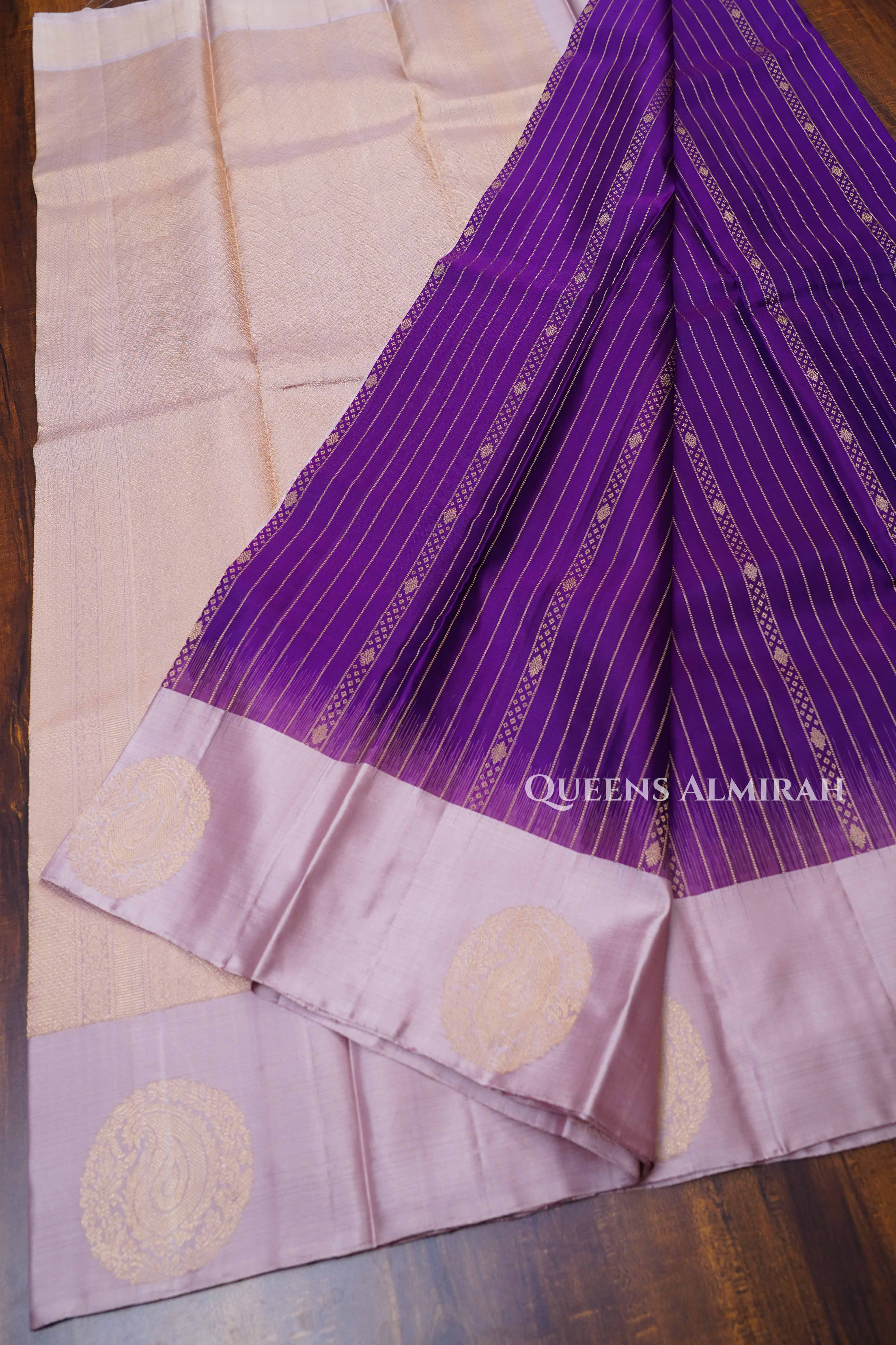 Vadamalli Purple With Ivory White Pure Kanchivaram Silk Saree