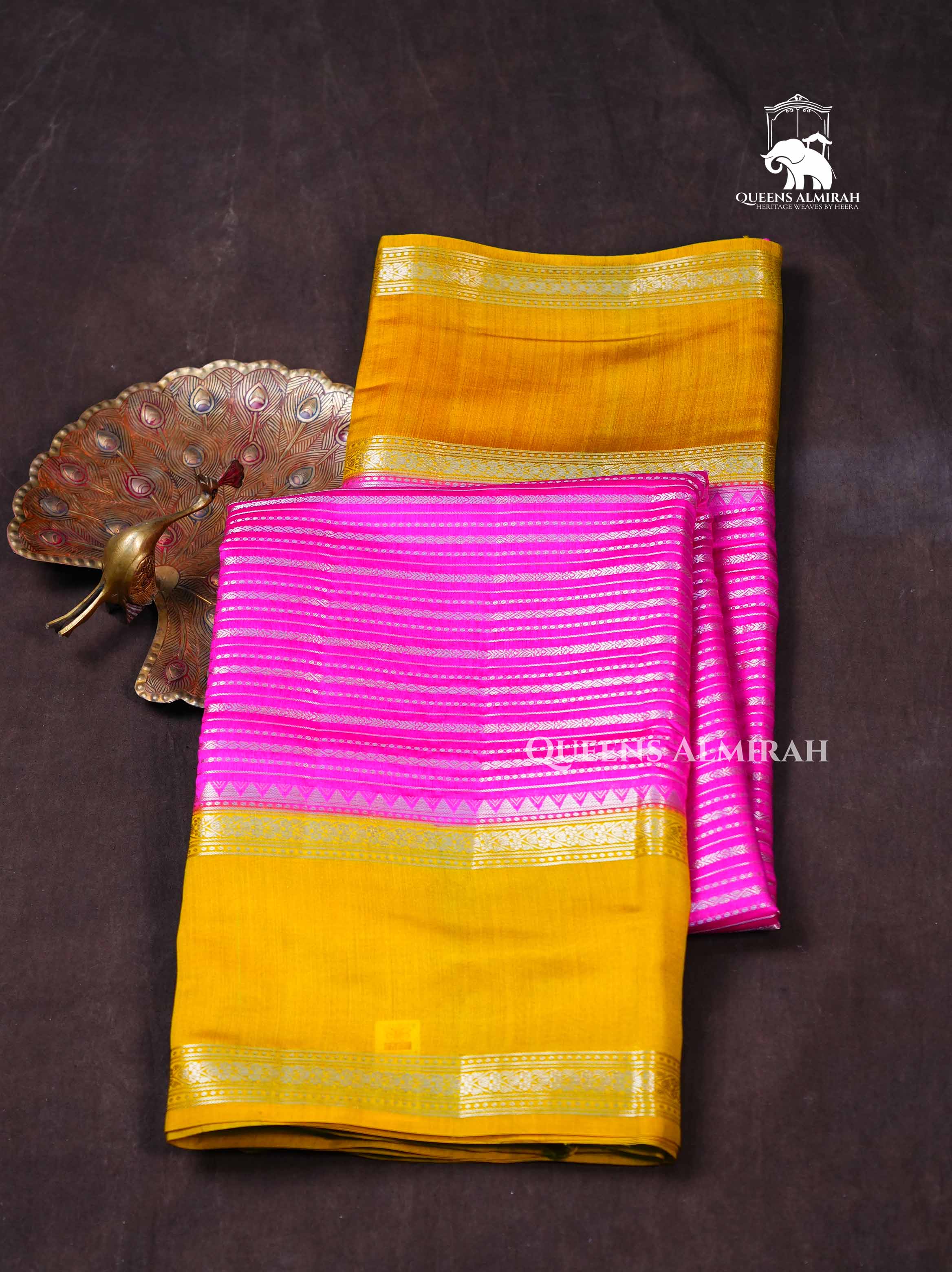 Rani Pink With Mustard Brown Chiniya Silk Saree