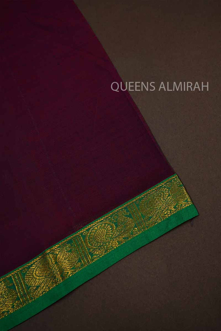 ROYAL BURGUNDY LONG MULTI COLOUR ZARI BORDER NARAYANPET COTTON SAREE - Queens Jewel Emporium