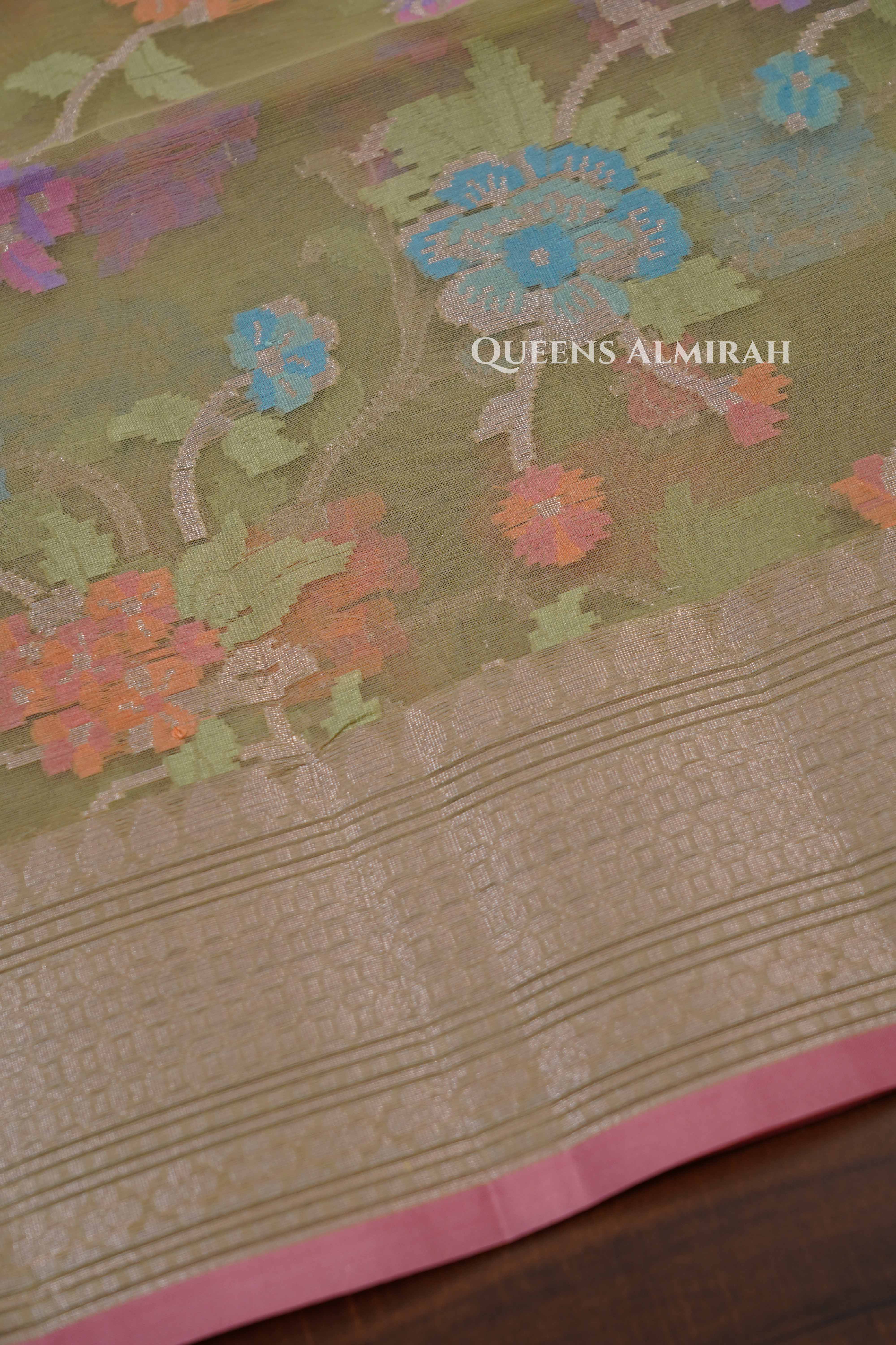 Olive Yellow Banarasi Organza Saree