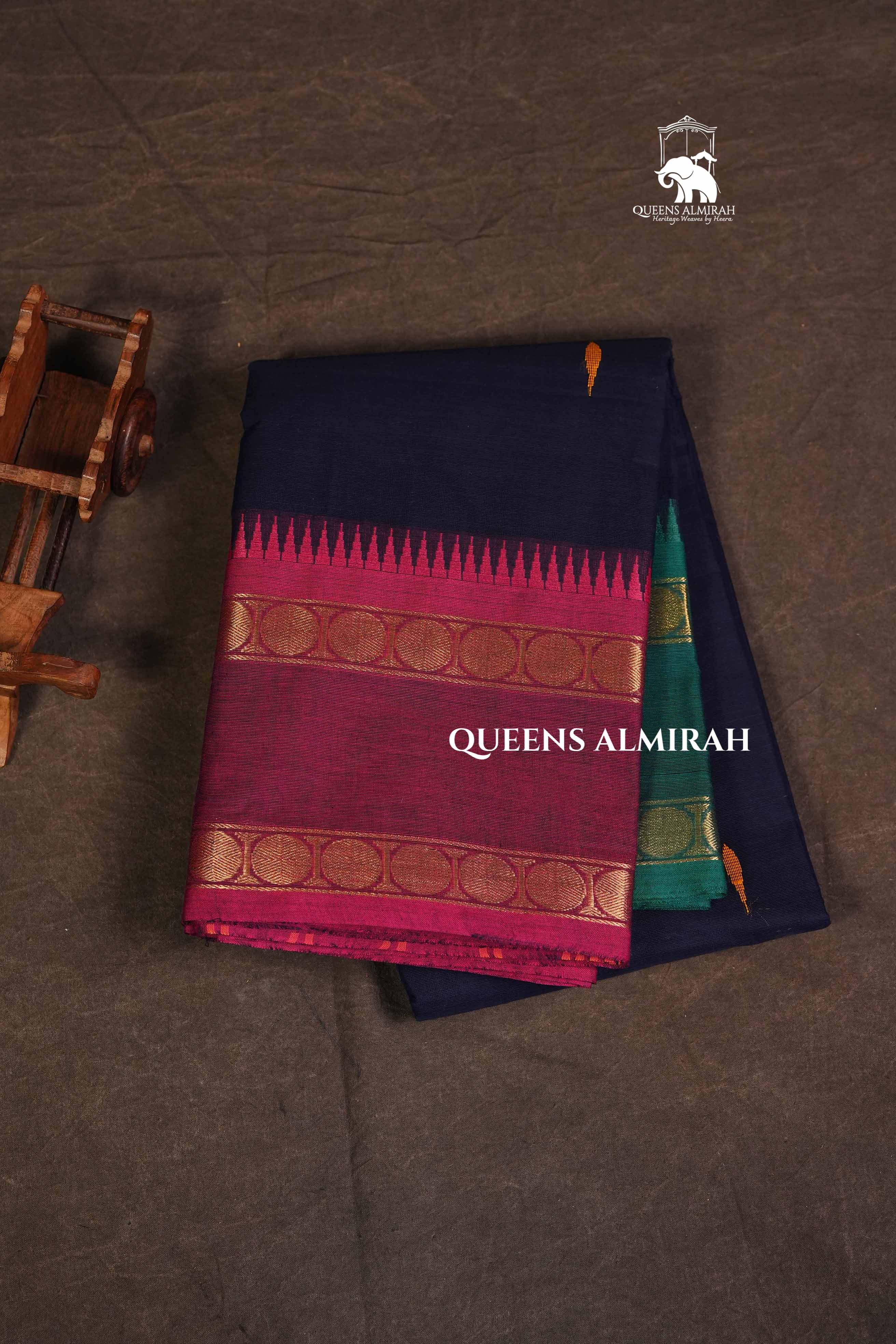 Navy Blue With Ganga Jamuna Border Kanchi Cotton Saree