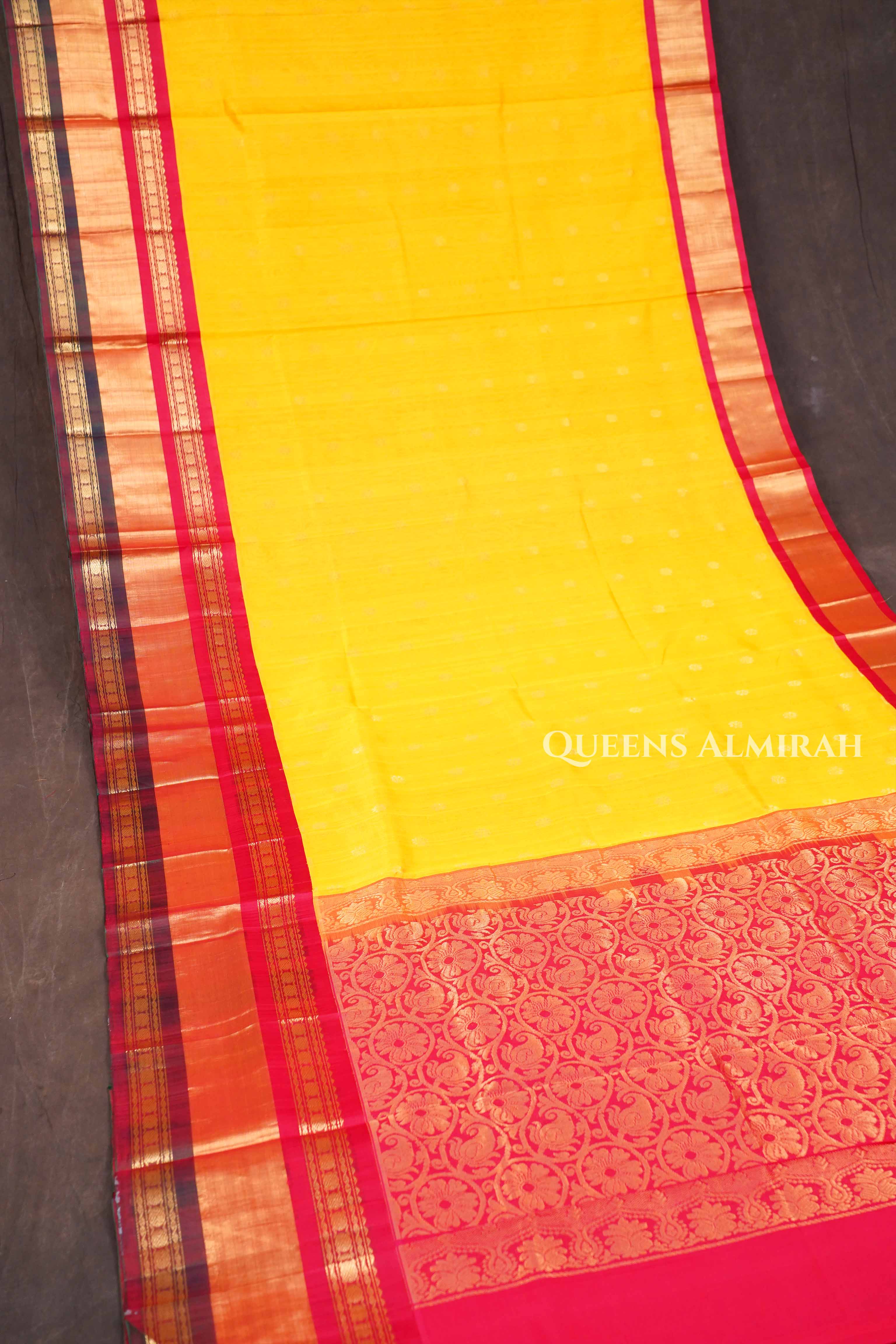 Mango Yellow With Red And Black Border Pure Kanchi Silk Cotton Saree