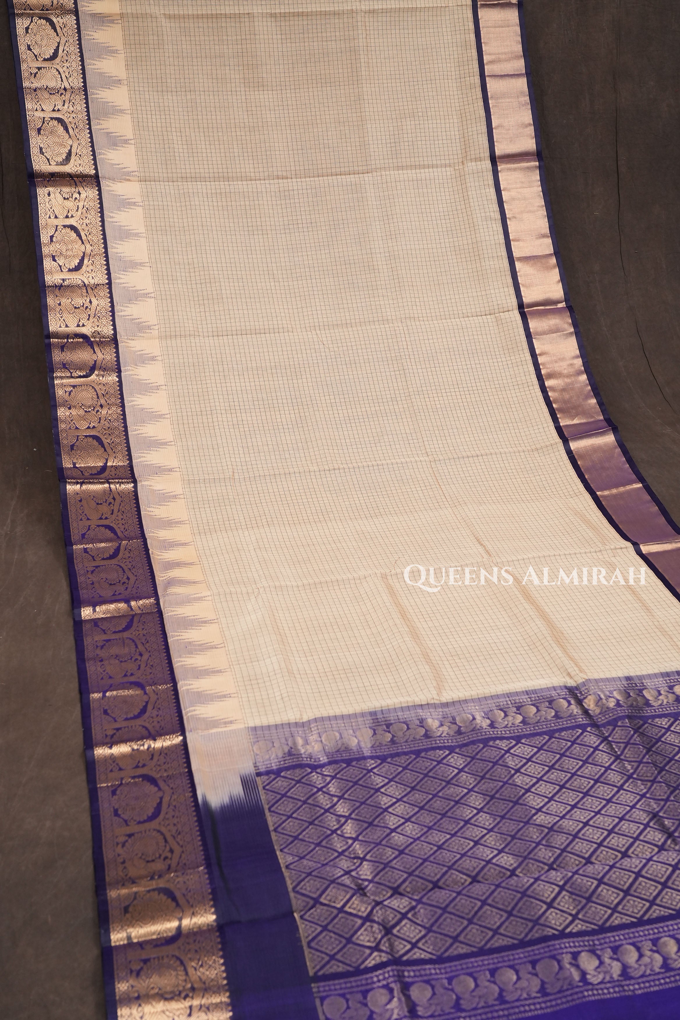Off White With Navy Blue Pure Silk Cotton Saree
