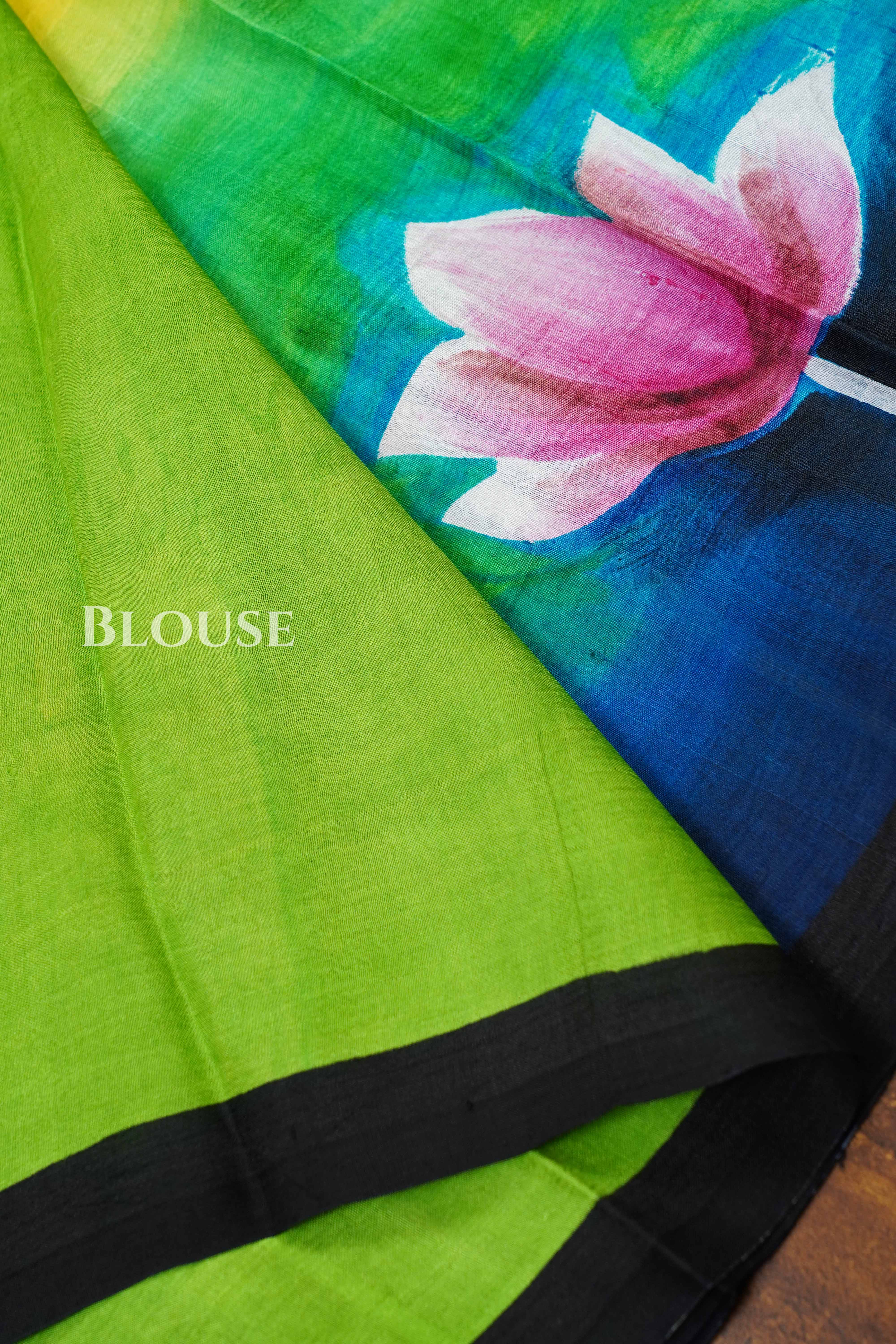 Leaf Green Handpainted Pure Tussar Silk Saree