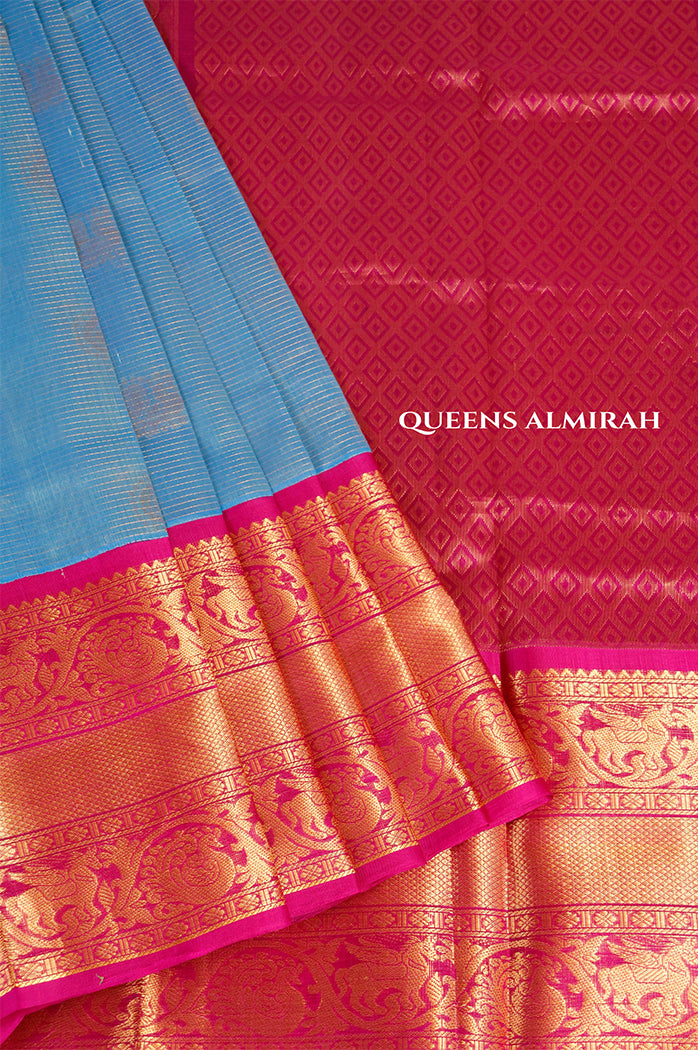 Blue Kattam With Purple Lomg And Short Border Pure Silk Cotton Saree
